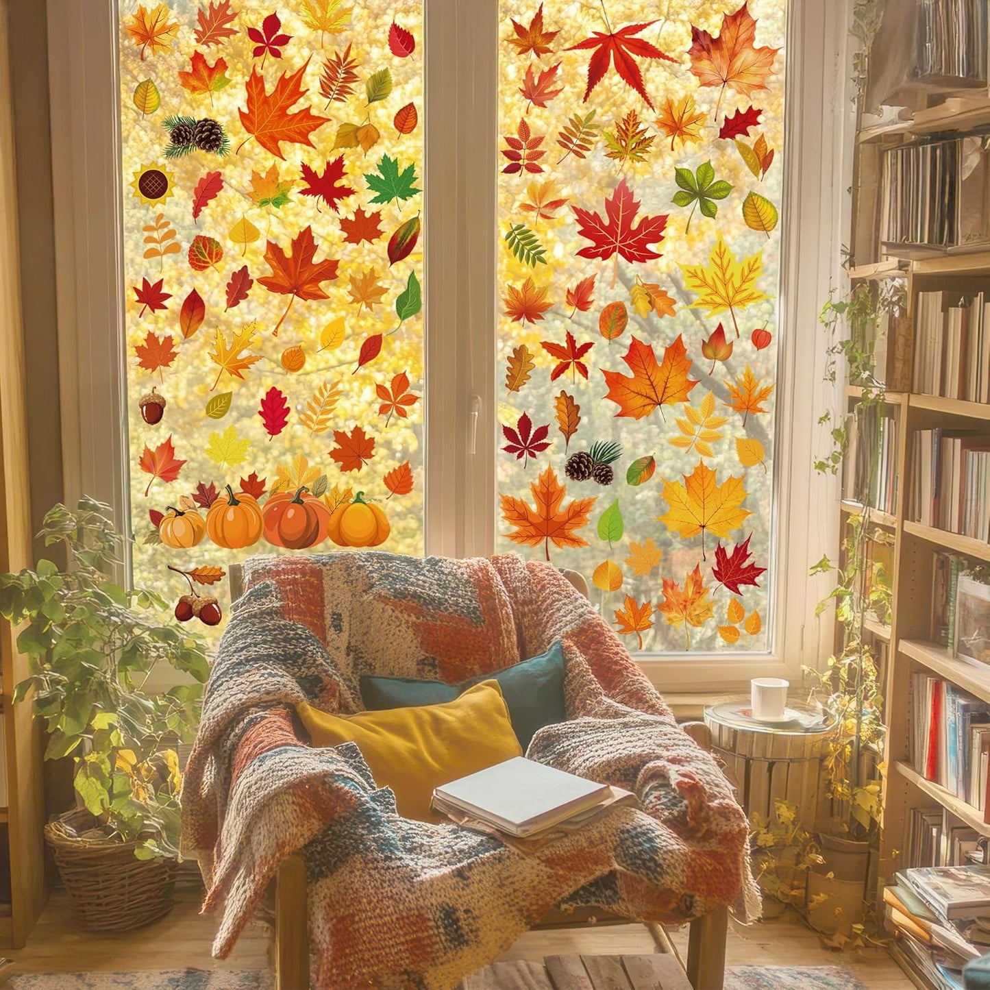 9 Sheets Fall Decorations, 274 PCS Fall Window Clings, Double Sided Autumn Stickers with Maple Leaves Pumpkin Nuts, Autumn Window Clings for Party Thanksgiving Decor Indoor Outdoor Accessories