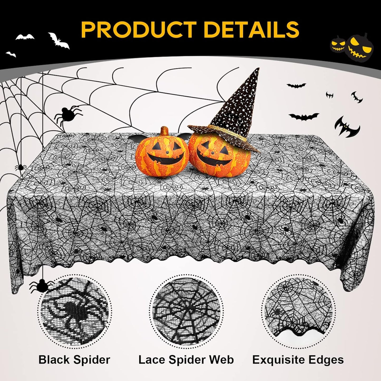 eZAKKA Halloween Table Cloth, Spider Webs Tablecloths Black Tablecloth Lace Fabric Table Cloths Spooky Cover for Rectangle Tables for Parties Gothic Halloween Home Decorations, 60x84 Inch