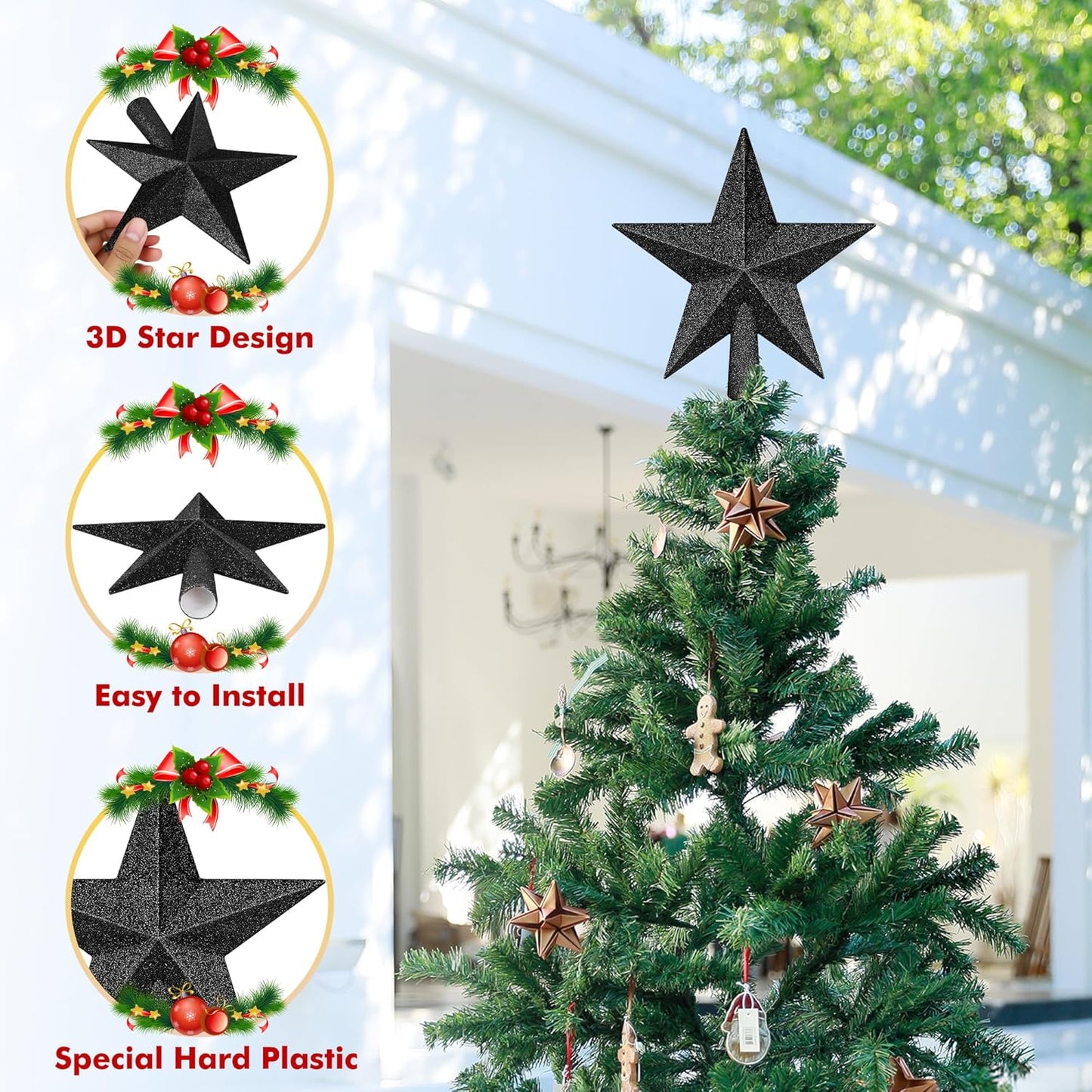 Christmas Tree Ornament, 8" Black Christmas Star Tree Topper Accessories, Xmas Glitter 3D Bethlehem Tree Topper Ornament, Waterproof Holiday Christmas Tree Topper Star Decor for Home Indoor Outdoor
