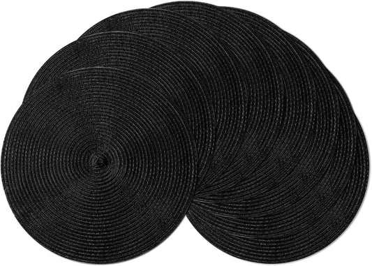 Leetaltree Round Placemats Heat and Slip Resistant Cotton Table Mats, Washable Bohemian Placemats for Dining Tables (Black, Set of 8)
