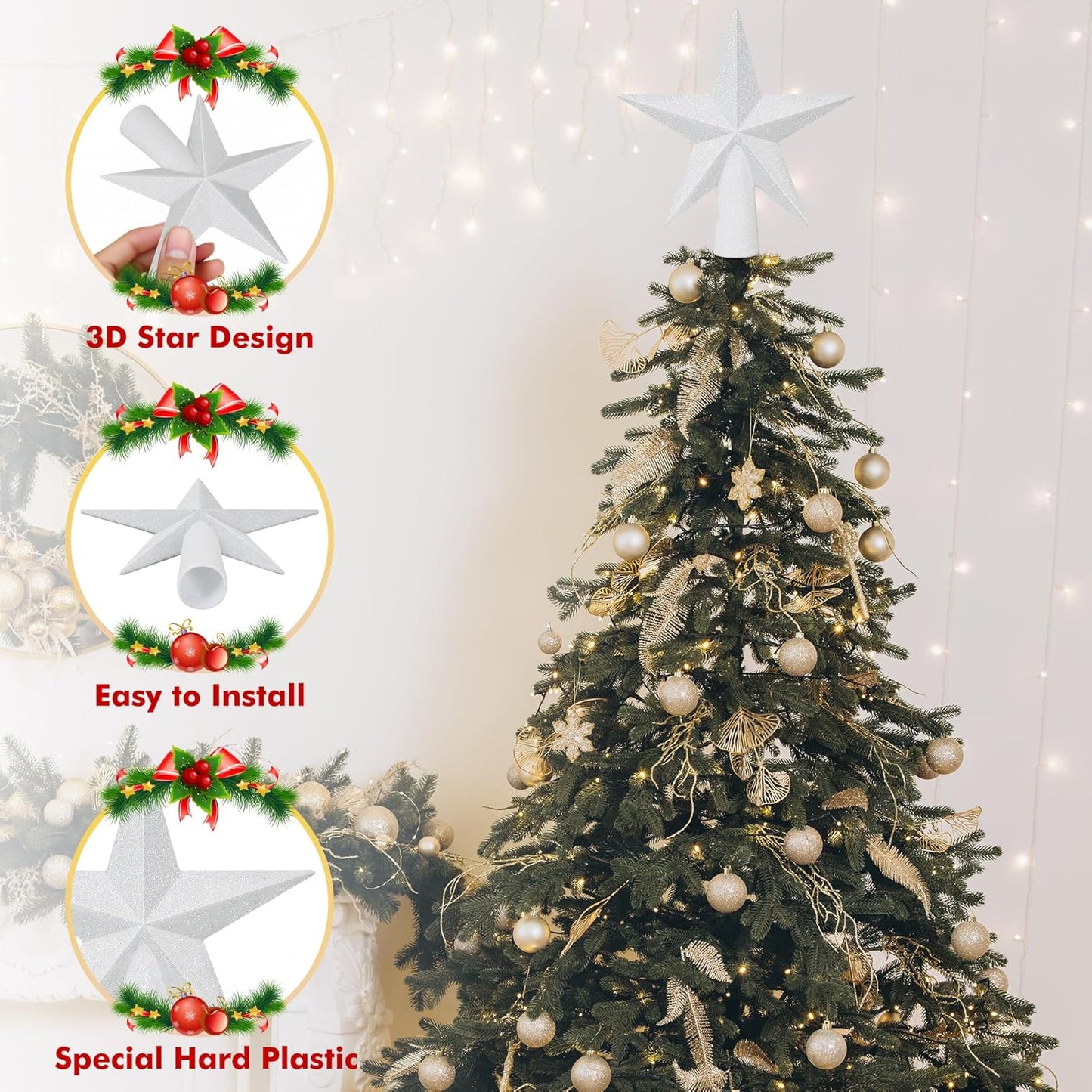 Christmas Tree Topper, 1PCS 6" White Glitter Star Tree Topper, 3D Xmas Shatter-Proof Mini Bethlehem Star Tree Topper Decorations, Waterproof Christmas Decor for Holiday Home Outdoor Ornament