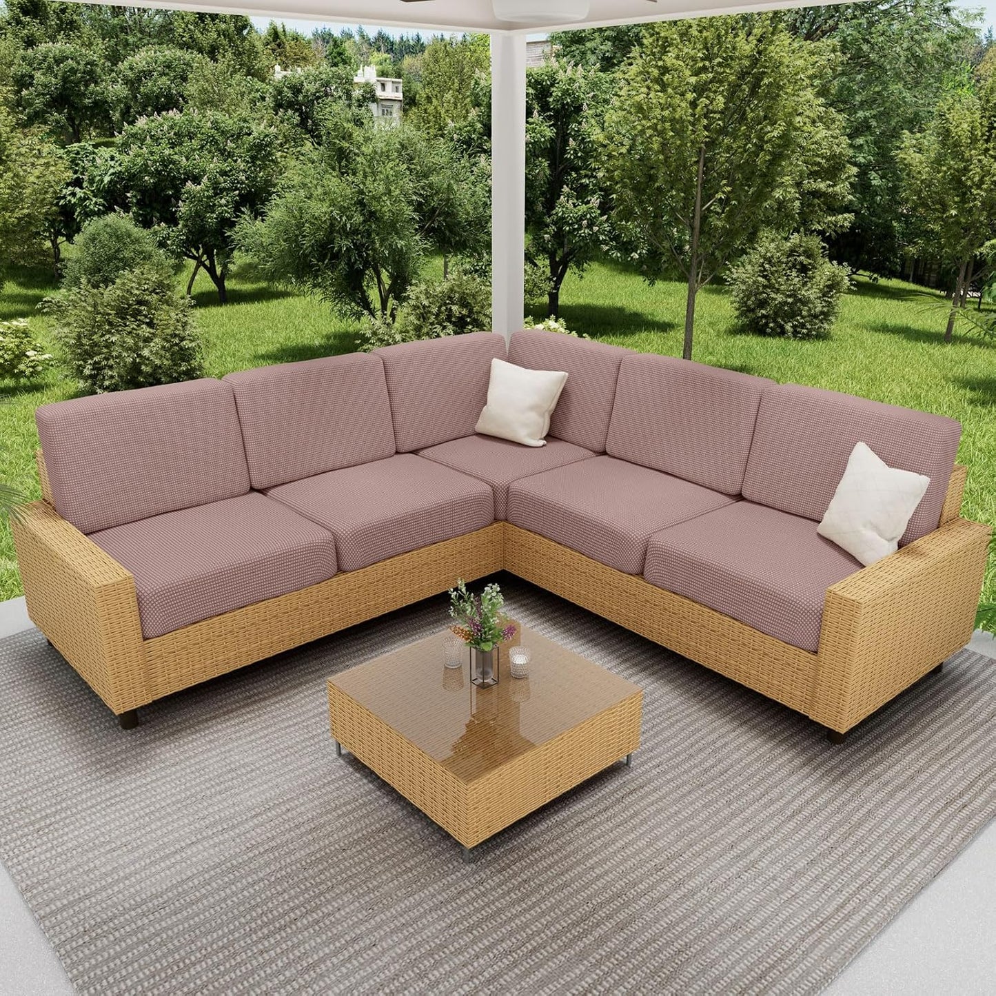 hyha Waterproof Couch Cushion Covers for Pets, Non Slip Sofa Seat Cover for Dogs Washable, Soft Thick Stretch Jacquard Fabric, Sofa Slipcovers with Elastic Bottom (3 Pieces, Camel)