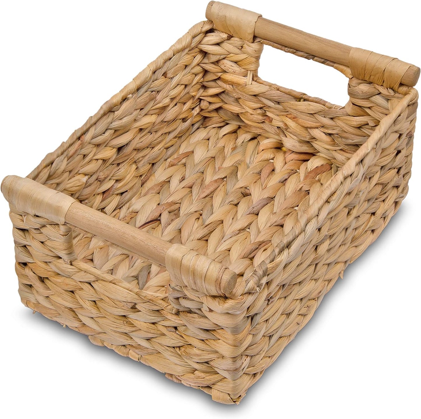 VATIMA Hyacinth Small Wicker Basket 11.6x8.1x4.9" - Bathroom Organizer, Wooden Handle, Decorative Storage