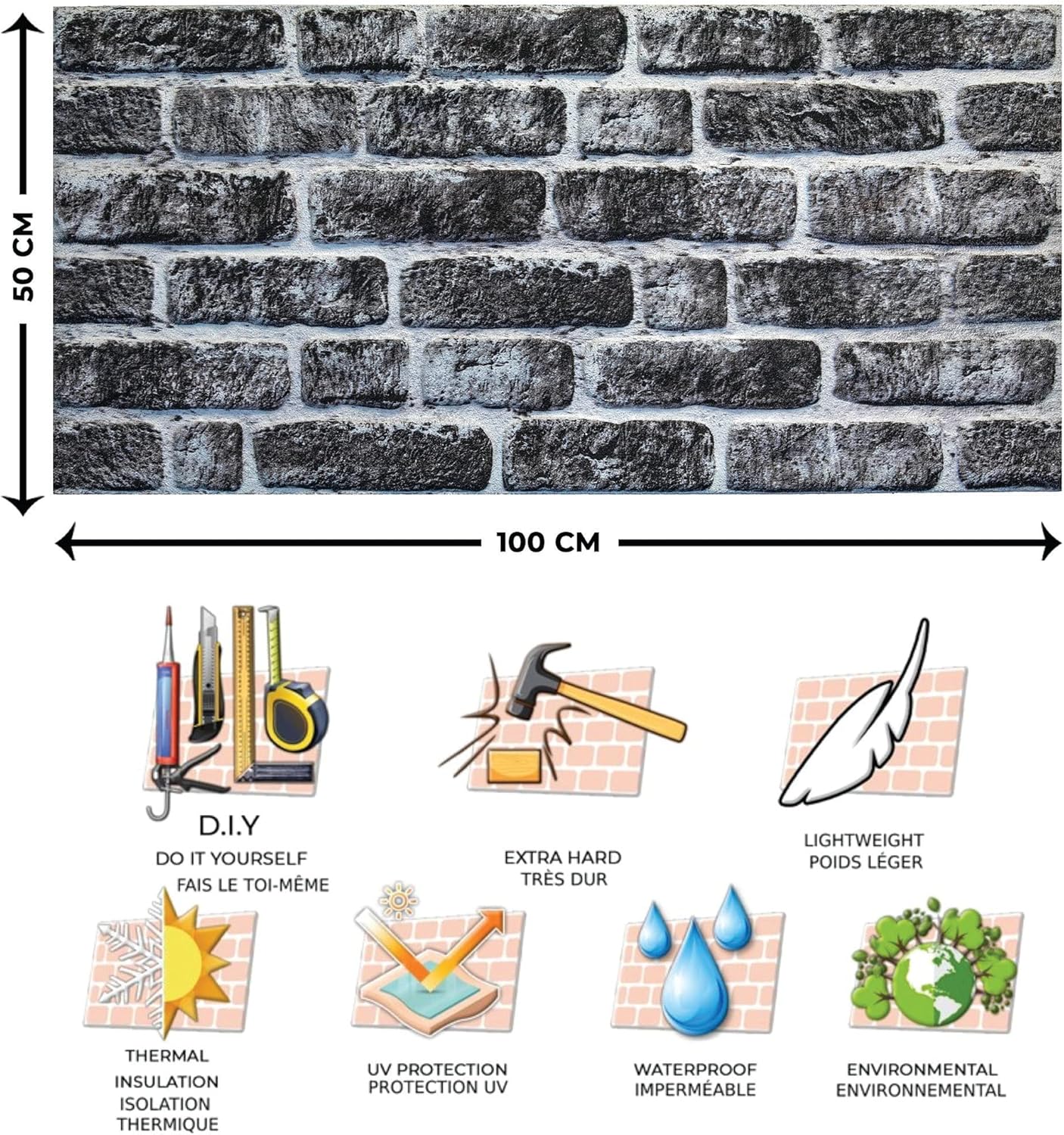 Dundee Deco 3D Wall Panels Faux Brick - Cladding, Charcoal White Stone Look Wall Paneling, Styrofoam Facing for Living Room, Kitchen, Bathroom, Balcony, Bedroom, Set of 5, Covers 27 sq ft