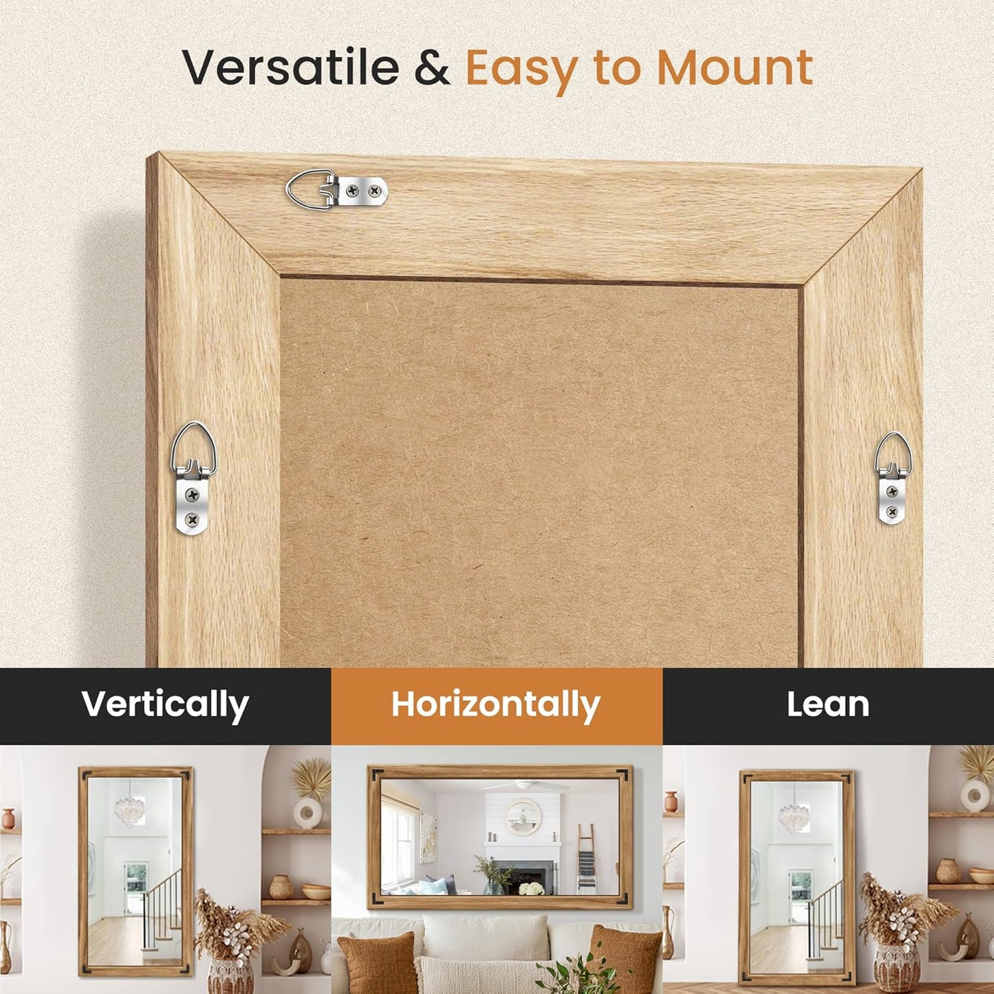 Full Length Mirror with Wooden Frame, 55"X30" Solid Wood Standing Floor Mirror for Farmhouse, Bathroom, Bedroom Decor, Hanging or Leaning Wall-Mounted