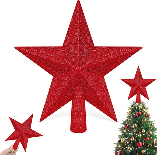 Star Tree Topper, 8" Red Christmas Tee Topper Decorations, Glitter 3D Xmas Bethlehem Star Waterproof Shatter-Proof, Christmas Tree Topper Ornament Decor for Christmas Holiday Party Indoor Outdoor Use