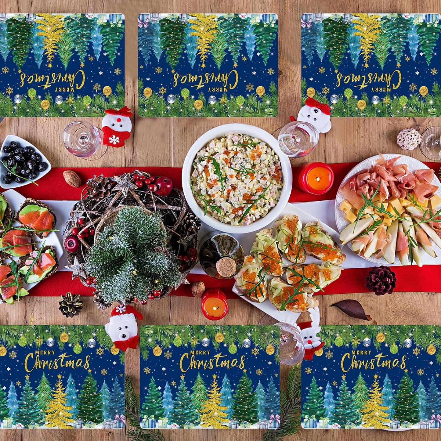 Christmas Pine Trees Placemats Set of 6 Plastic Table Mats Xmas Ball Ornaments Snowflakes Place Mats Holiday Pine Trees Winter Table Decoration for Indoor Outdoor Party Kitchen Dining