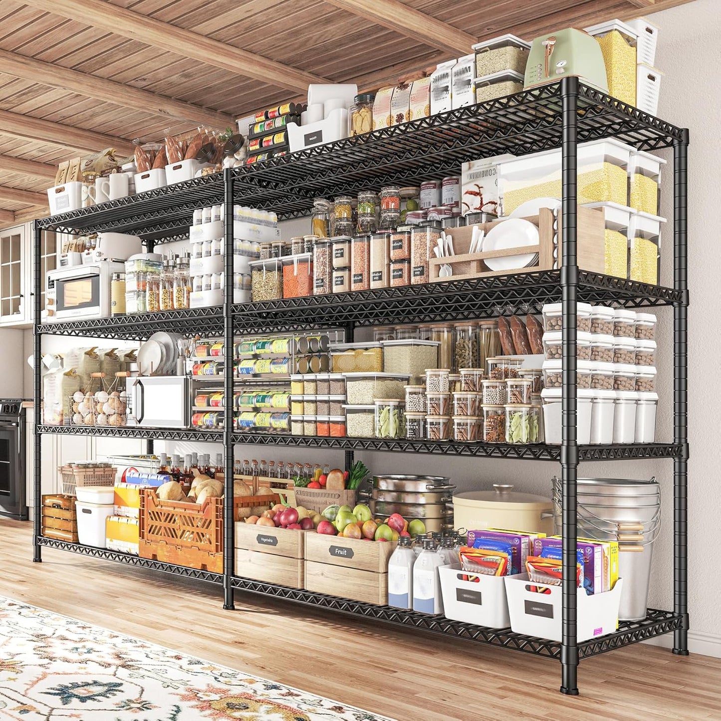REIBII 81.5''W Storage Shelves 3680LBS Garage Shelving Heavy Duty 4 Tier Metal Shelving Unit Adjustable Wire Shelf and Storage Pantry Shelves for Kitchen Garage, 81.5Wx23.62Dx70.86H，Black, 2PCS