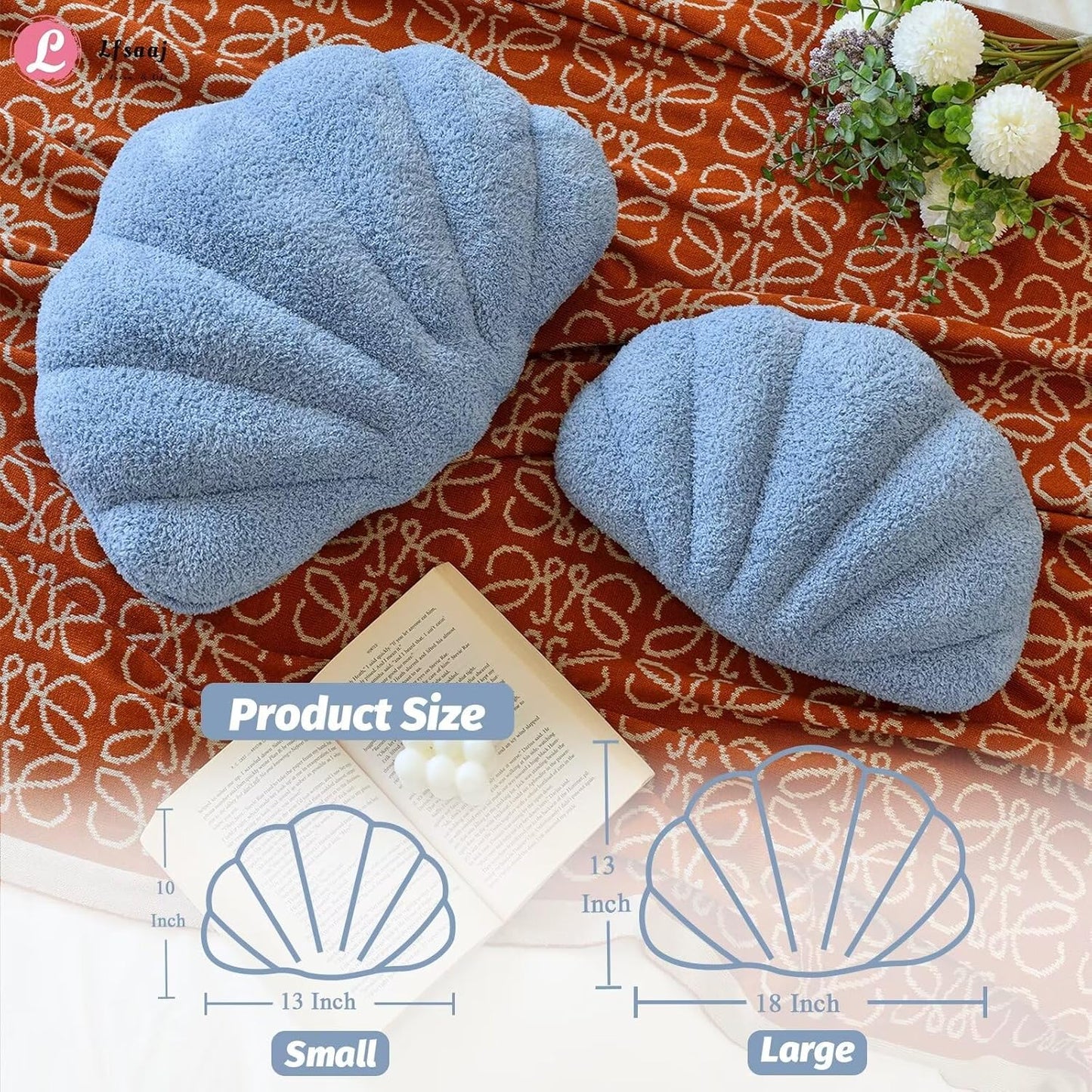 Dusty Blue Seashell Throw Pillows, Shell Shaped Throw Pillows, 13 Inch Soft Home Decorative Pillow Plush Cushion for Bed Couch Living Sofa Room Decor Accent Throw Pillow