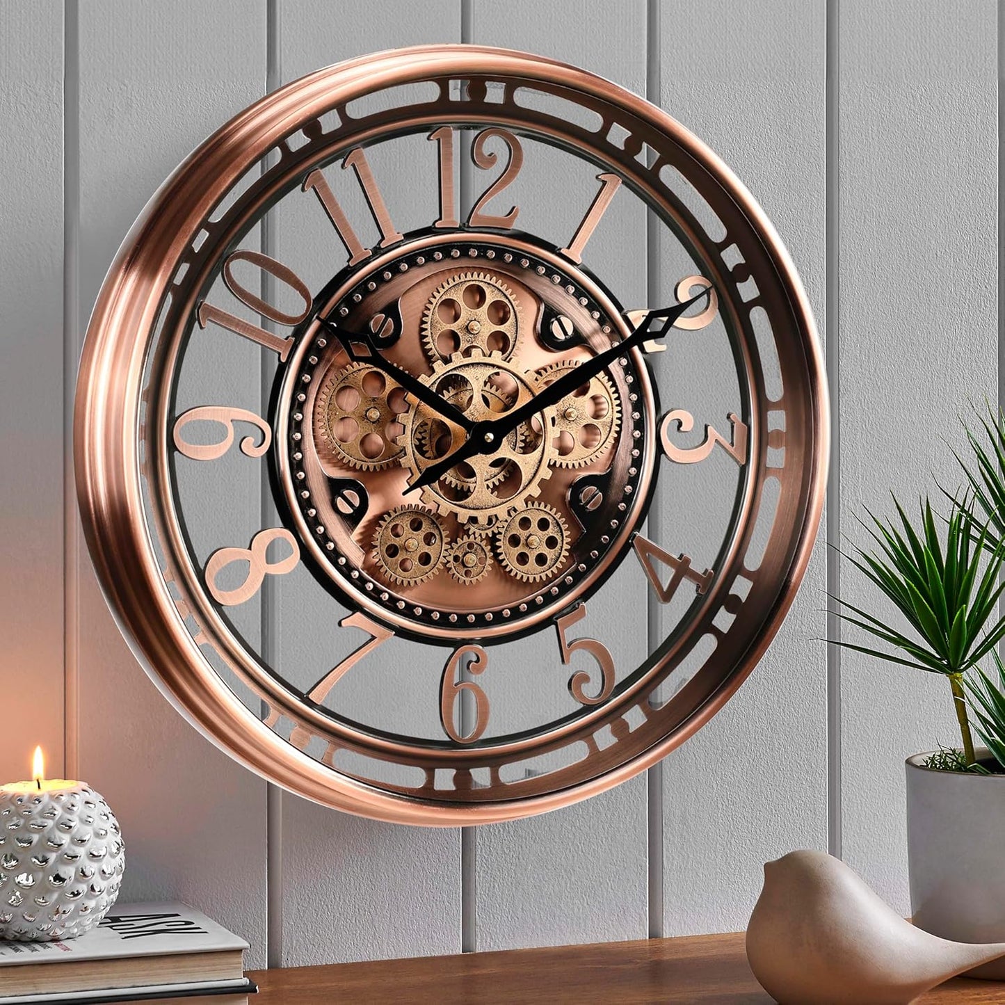 CLXEAST 21 Inch Moving Gear Wall Clock for Modern Farmhouse Living Room Decor,Large Industrial Steampunk Wall Clock for Home Office,Metal Copper Finished,House Warming Gifts New Home
