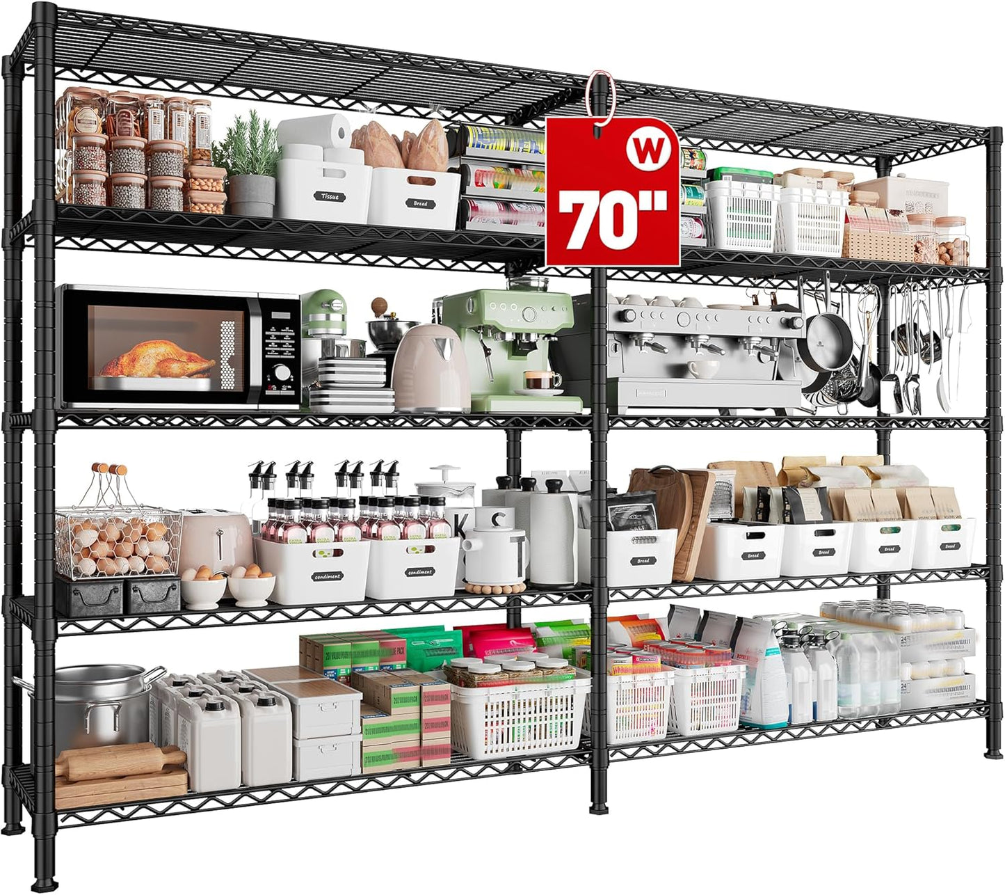 REIBII 70"W Storage Shelves Load 1600LBS, Metal Shelving 5-tier Wire Shelving Unit Metal Shelves for Storage Adjustable Garage Shelving for Pantry Kitchen Garage Commercial school 70"W*15.8"D*72.4"H