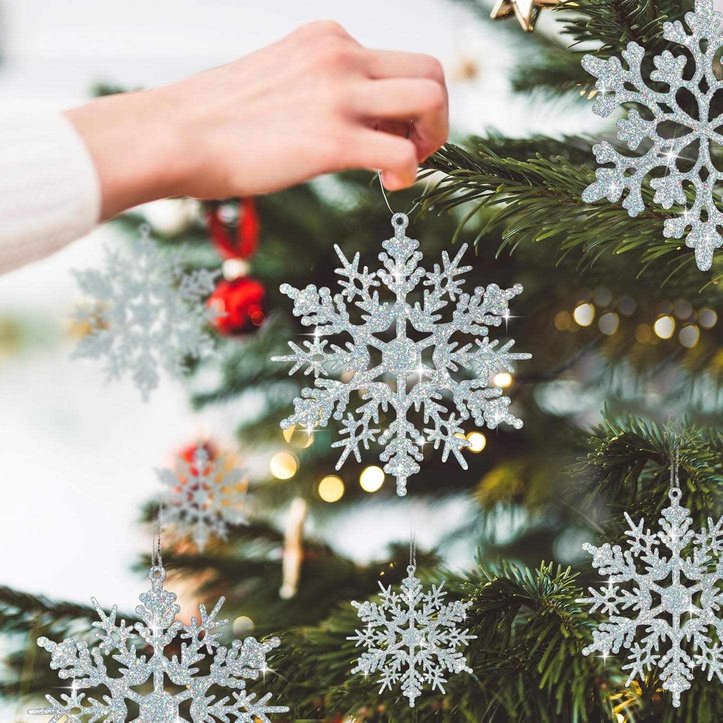 36pcs Iridescent Silver Christmas Snowflake Ornaments, Plastic Sparkling Glitter Hanging Snow Flakes for Christmas Tree Decorations Winter Wonderland Frozen Birthday Party Holiday Home Decor