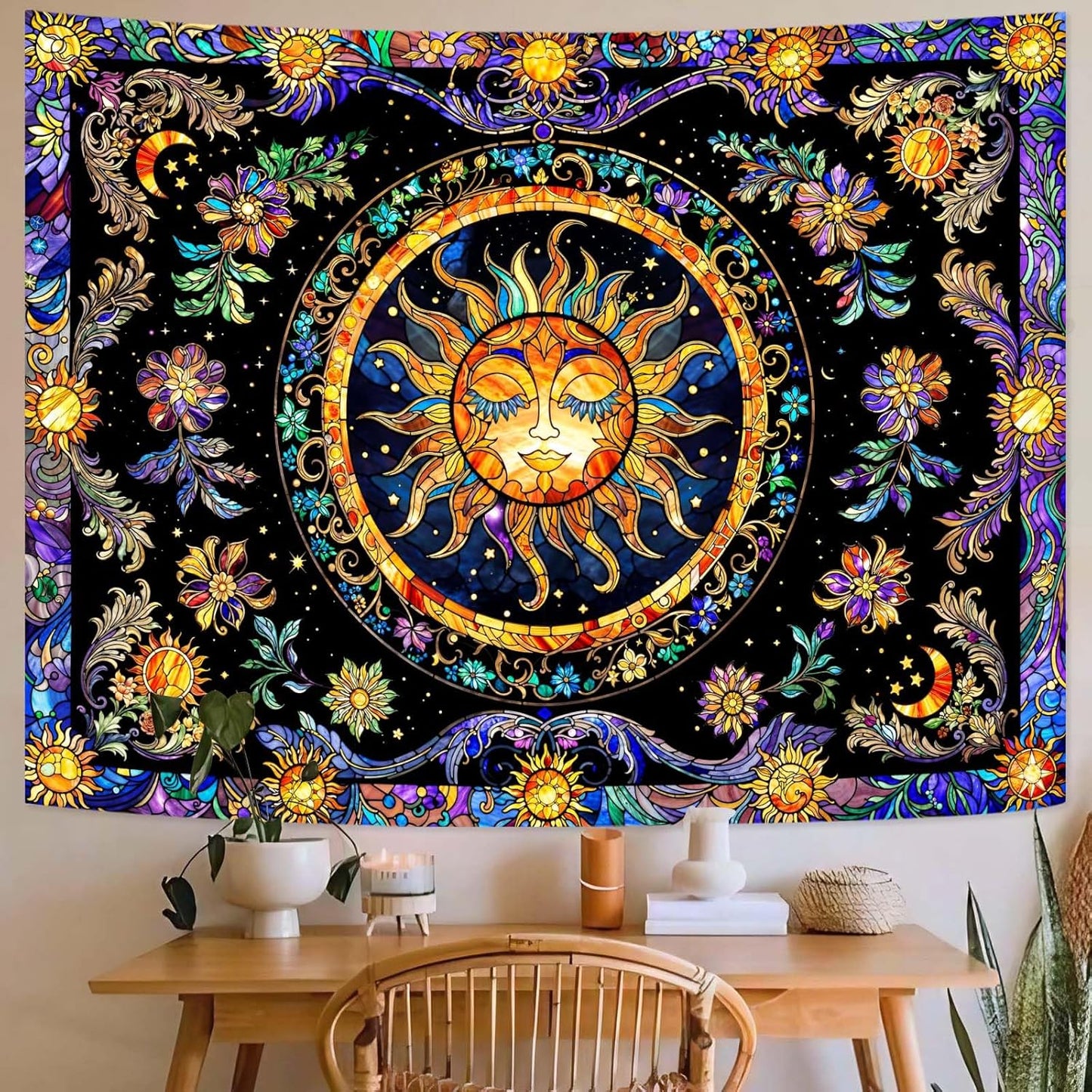 Lunerfex Sun Tapestry Stained Glass Tapestry Wall Decor Tapestries for Bedroom Boho Tapestries Wall Hanging for Bedroom Living Room Glass-Sun-01 70"x90"