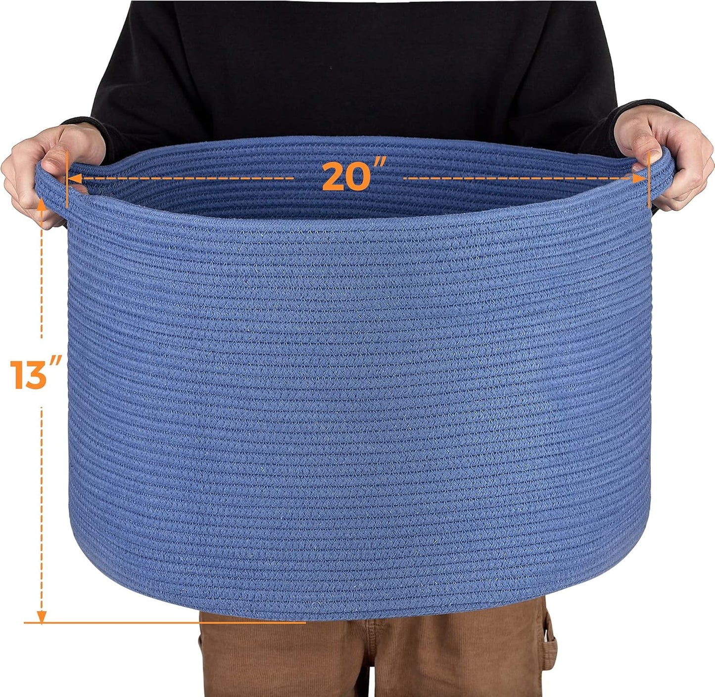 Ravinte Blanket Basket - 20"x 20"x 13" Cotton Rope Basket for Living Room, Baby Toy Storage Basket, Large Woven Laundry Basket (Blue)