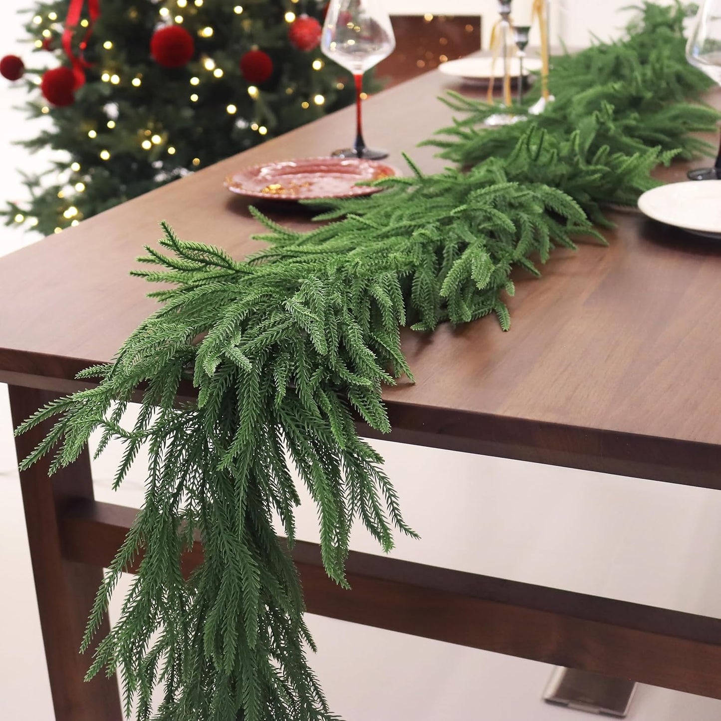 2PCS 9FT Christmas Garland Norfolk Pine Garland Real Touch Artificial Greenery Garland for Mantle Fireplace Table Indoor Outdoor Decor (Normal)