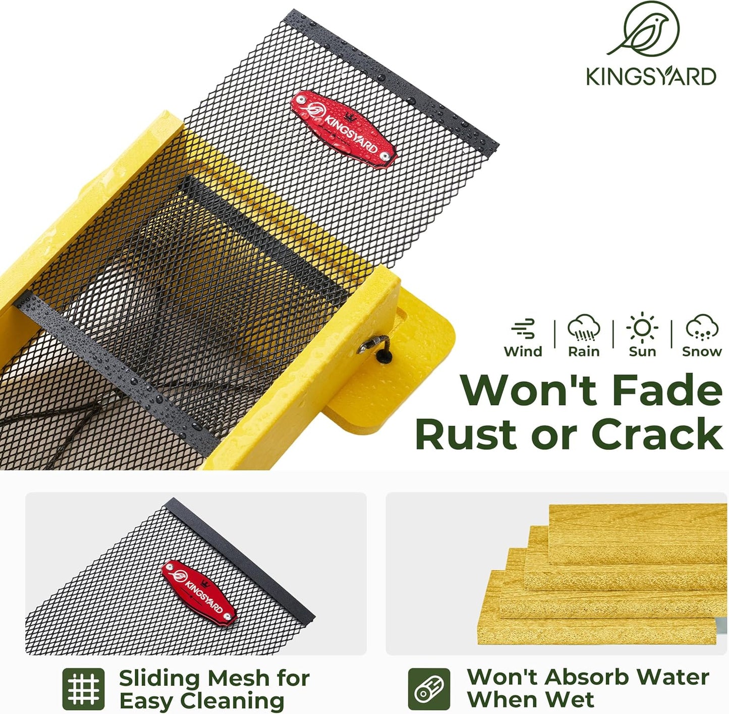 Kingsyard Metal Mesh Bird Feeder for Outdoors Hanging, Finch Feeder for Nyjer/Thistle, Sliding Mesh & Built-in Perch, Recycled Plastic, Yellow