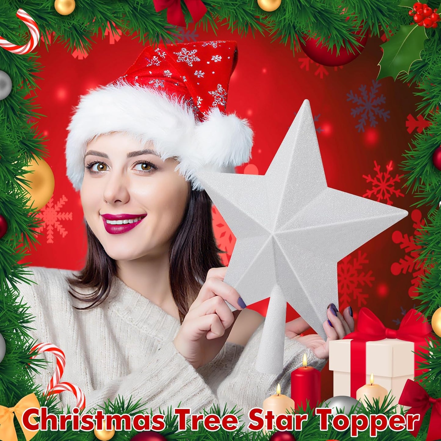 Christmas Tree Topper Star, 10 in White Christmas Tree Decorations, Hard Star Tree Topper Xmas Decorations Glitter Christmas Ornament for Holiday Home Xmas Party Decor Festival Gathering Ornament