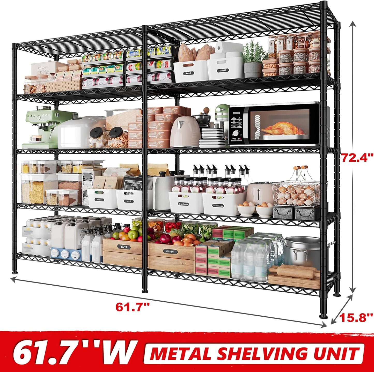 REIBII 1500LBS Storage Shelves Metal Shelving Unit 61.7''W Wire Shelving, 5 Tier Pantry Shelves Kitchen Shelves Adjustable Wire Shelf for Garage Shelving Heavy Duty, 61.7" W*72.4" H*15.8" D