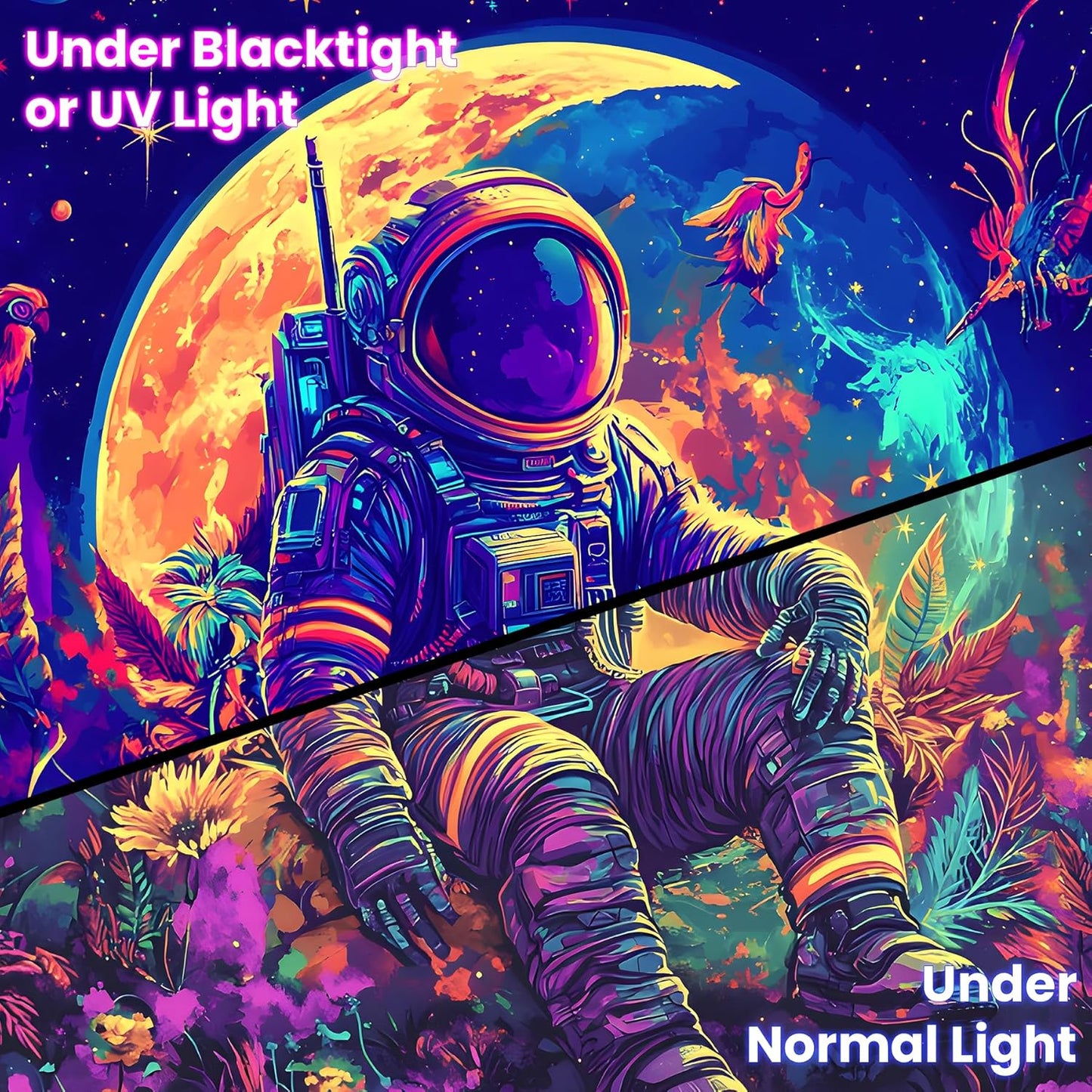 BVBOX Astronaut Space Blacklight Tapestry 79"x59", UV Reactive Astronaut Moon Garden Flower Universe Galaxy Planet Glow in Dark Tapestries, Black Light Neon Upright Poster Wall Hanging Backdrop Decor for Bedroom Living Room