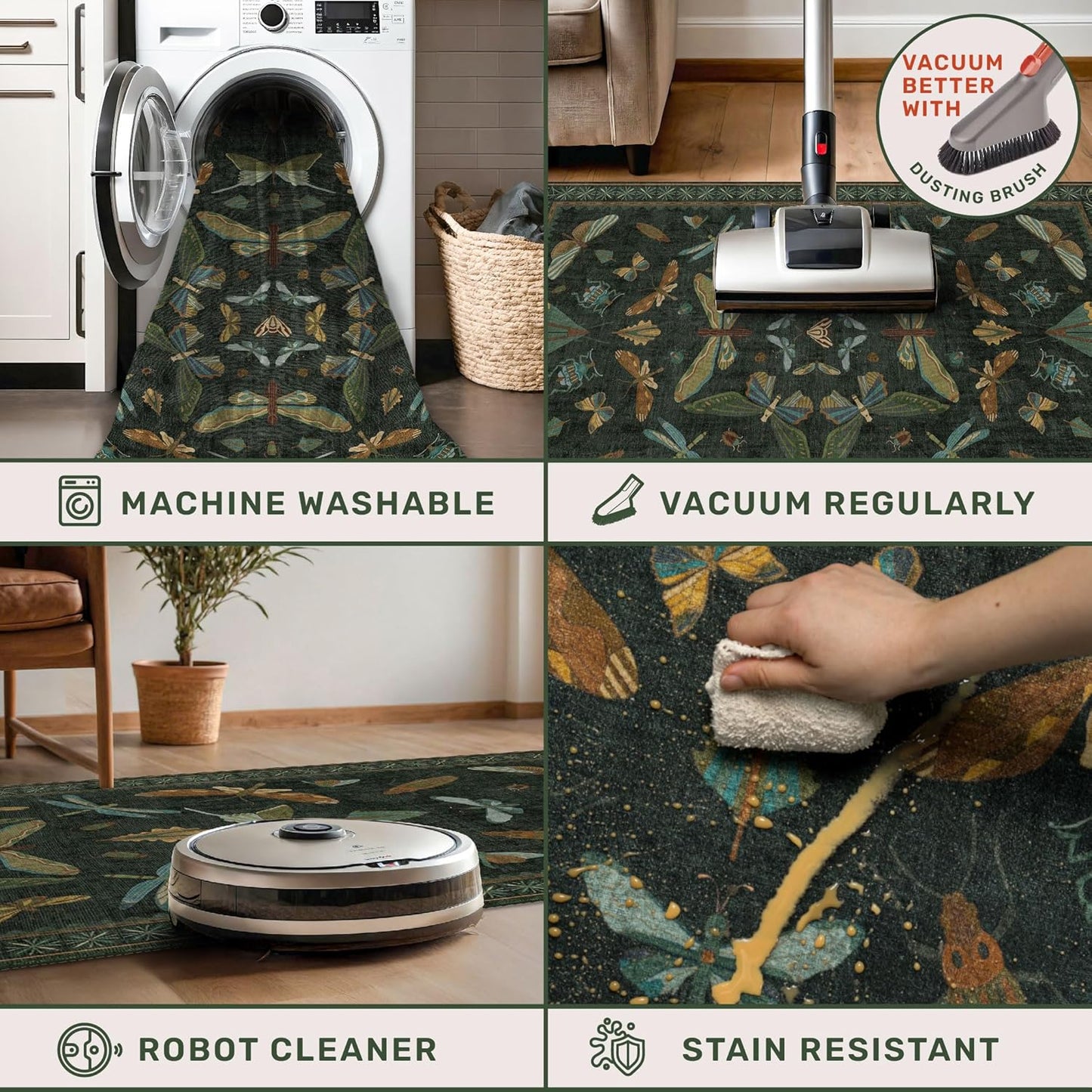 6x9 Dark Green Area Rugs for Dining Room - Rugs for Living Room, Bedroom Under Bed, Insect Moth Floral Non Slip Low Pile Floor Carpet