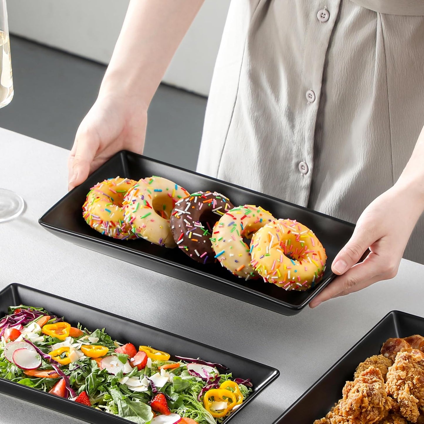 MALACASA 3 Tier Serving Trays for Party, Stoneware Serving Platters and Trays, 12 Inch Tiered Tray Stand, Fruit Tray, Trays for Serving Food, Black Dessert Stand with Collapsible Sturdier Metal Rack