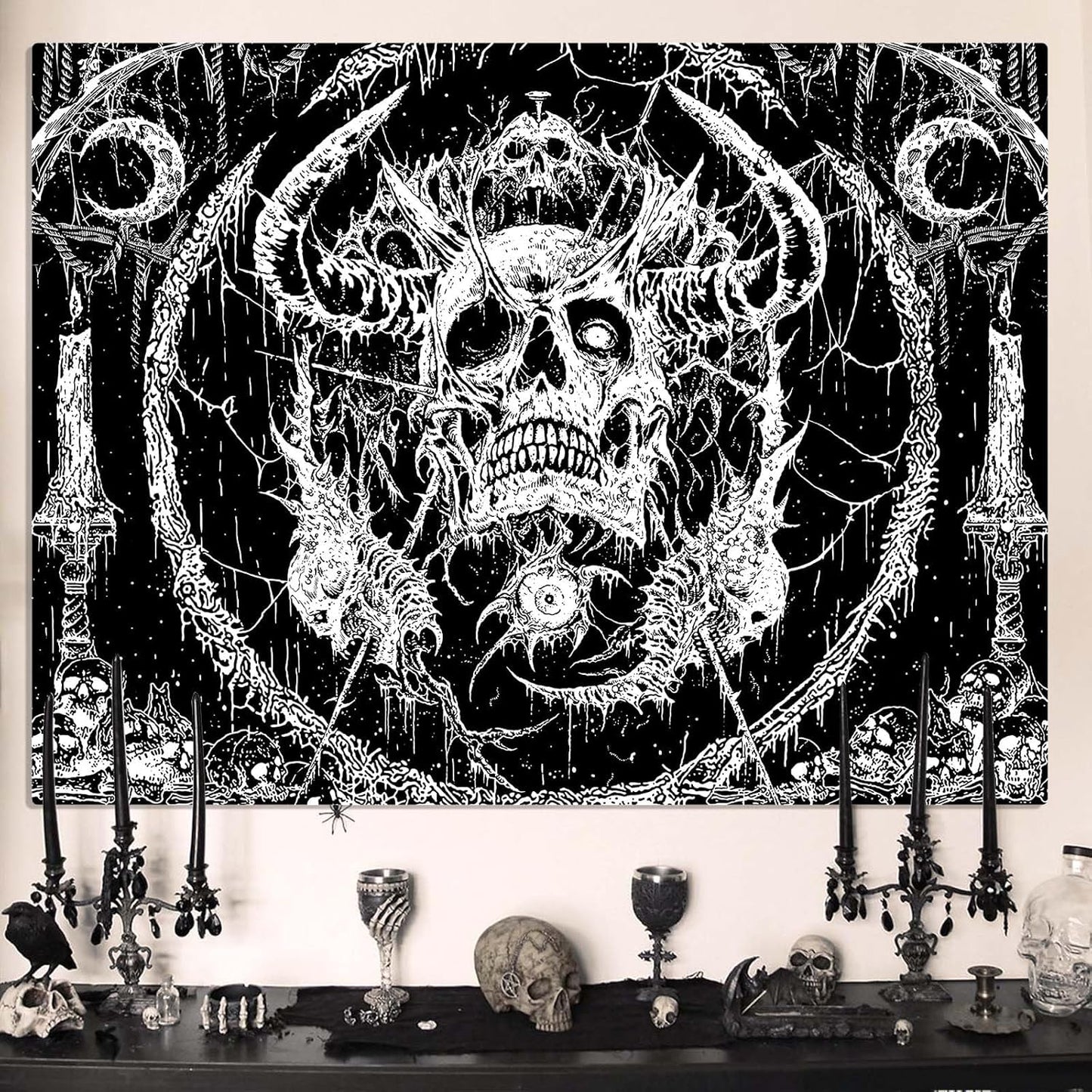 Lifeella Skull Tapestry, Gothic Horror Moon Skeleton Mystic Dark Tapestries for Bedroom Grunge Wall Hanging Black and White 44 x 60 inch