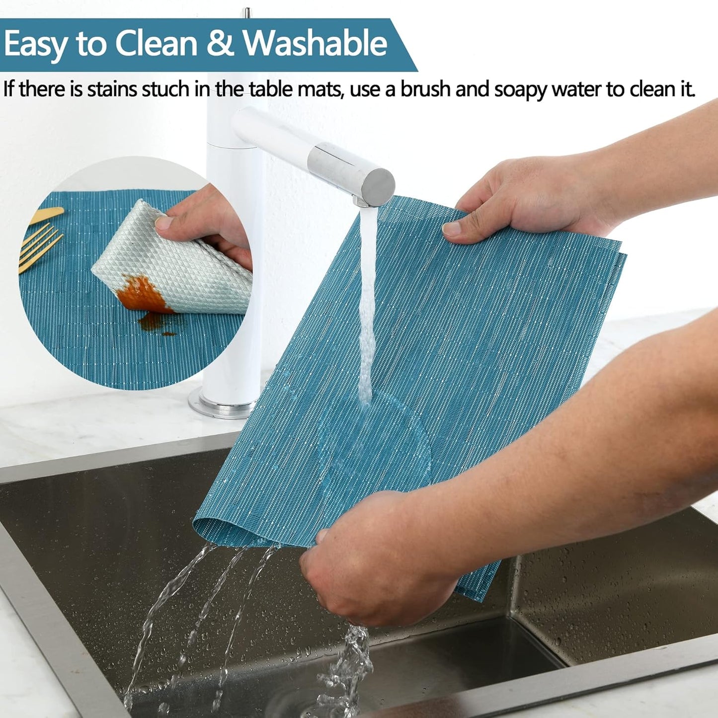 Vinyl Placemats Set of 8 - Washable Easy Clean Place Mats - Heat Resistant PVC Table Placemats - Table Mats for Dining Table 17x12 Inch (Sky Blue Turquoise, 8)