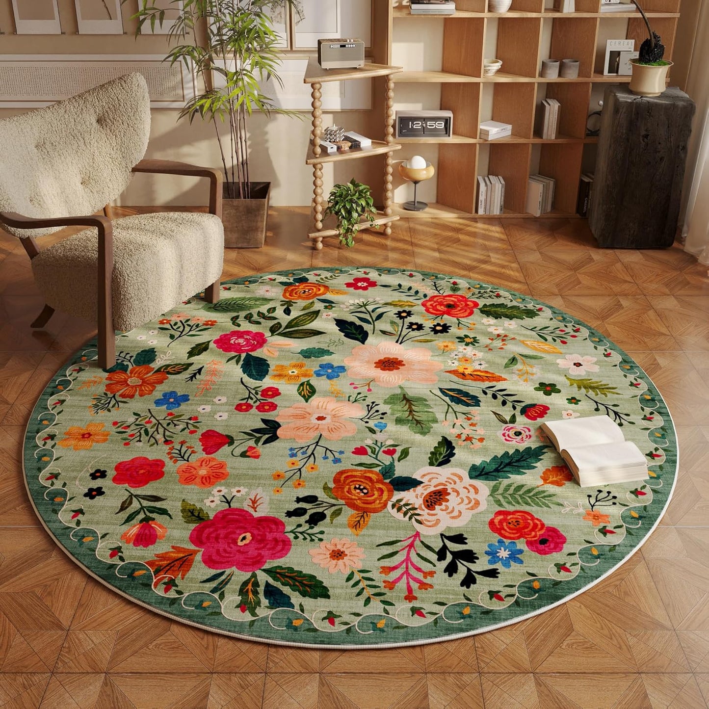 Round Rug 4ft Washable Circle Rug Non Slip Low Pile Boho Floral Small Circular Rug for Bedroom, Bathroom, Entryway, Kids Room, Office, College Dorm(Green)