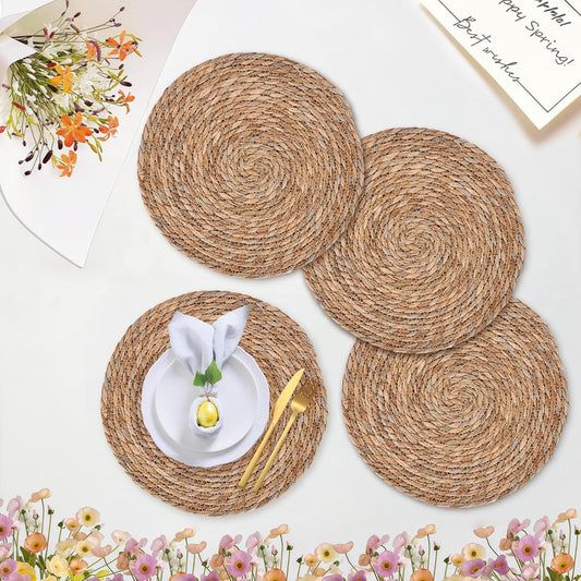 Defined Deco Woven Placemats Set of 4,13" Round Rattan Placemats,Natural Hand-Woven Water Hyacinth Placemats,Farmhouse Weave Place Mats,Rustic Braided Wicker Table Mats for Dining Table,Home,Wedding.