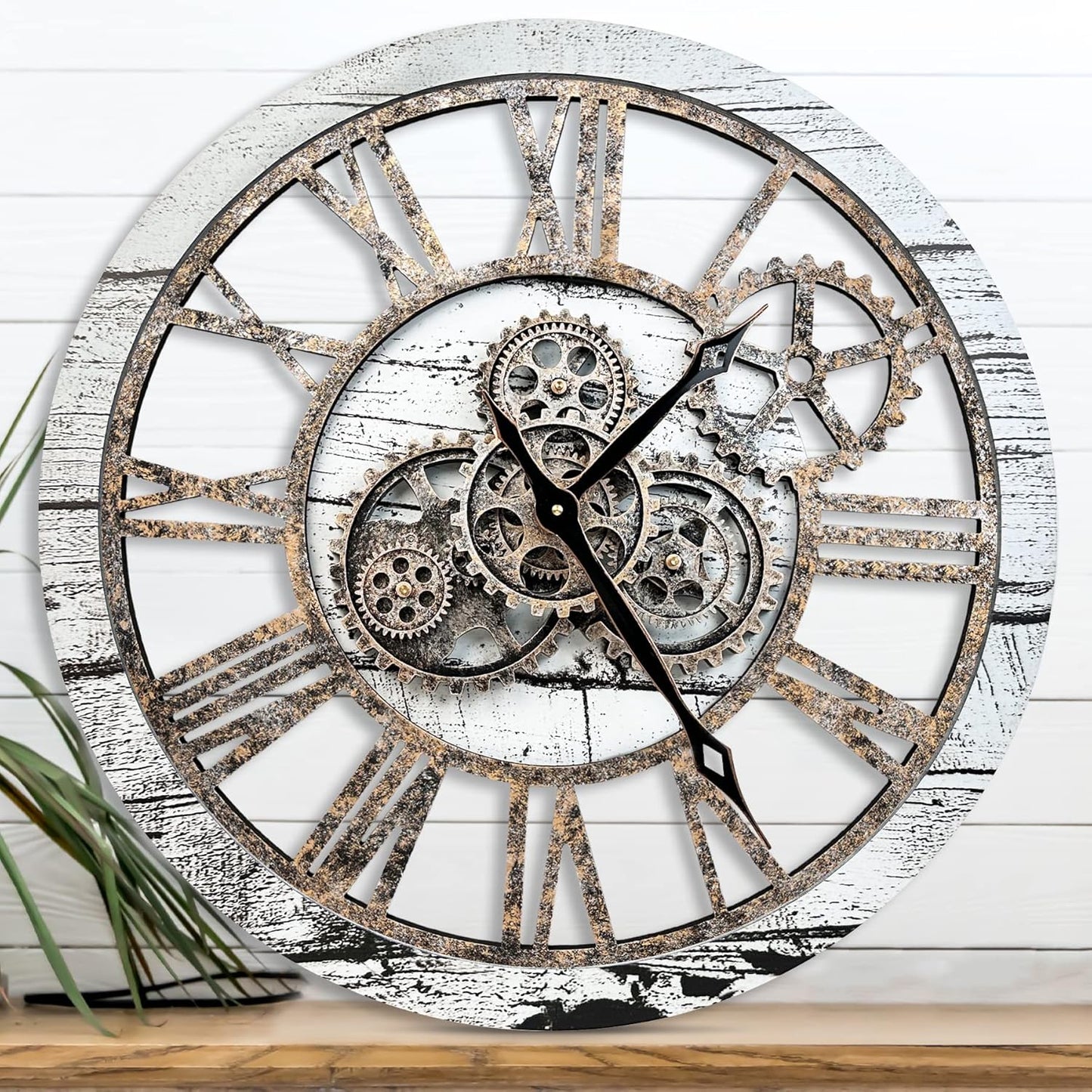The B-Style Large Wall Clock 24 inch Moving Gear Wall Clock Oversized Vintage Farmhouse Wall Clocks for Living Room Decor Rustic Industrial Wood Clock (Gray and White)