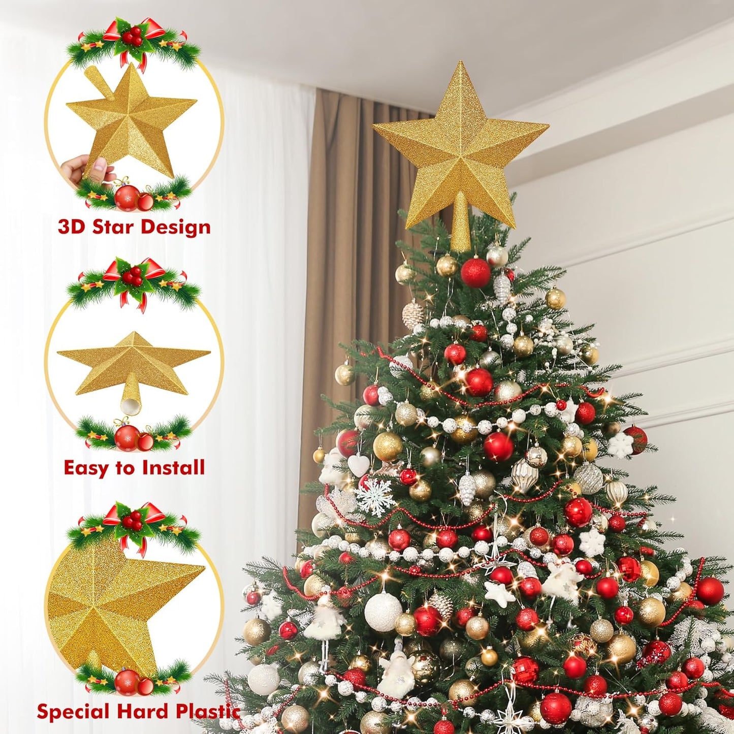 Christmas Tree Topper, 1PCS 10" Gold Glitter Star Tree Topper, Large Xmas Shatterproof Mini Bethlehem Star Tree Topper Decorations, Waterproof Christmas Decor for Holiday Home Outdoor Ornament