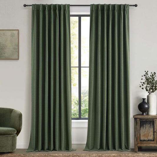 Pinch Pleated Curtains with Rings and Hooks Loden 102 Inch 8-1/2ft Tall Vintage Curtains for Bedroom Dark Olive Green Moody Drapes 100 Percent Blackout Noise Dampening Window Curtain Linen 2 Panels