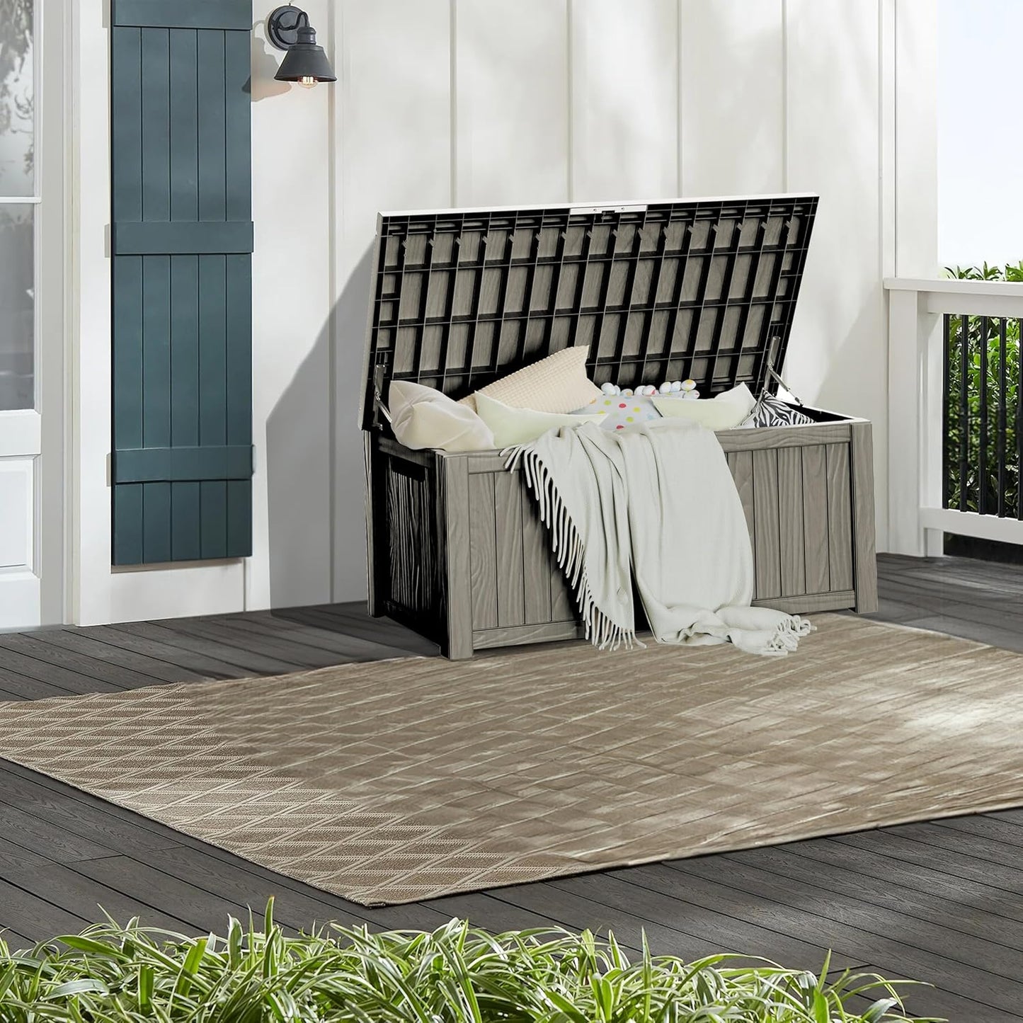 150 Gallon Lockable Resin Deck Box, Waterproof & UV-Resistant Outdoor Storage Box for Outdoor Cushion Storage, Garden Tools & Pool Accessories Storage, Gray