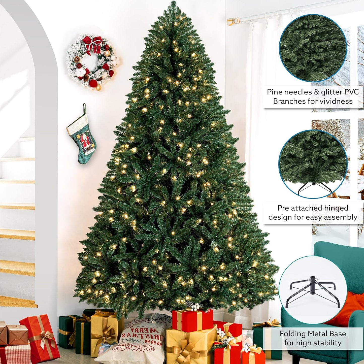Prague 4.5ft Prelit Artificial Christmas Tree with Foot Pedal, 674 Branch Tips, 250 Warm Lights and Metal Stand, 39" Wide Realistic Spruce Prelit Christmas Tree with Lights by Naomi Home