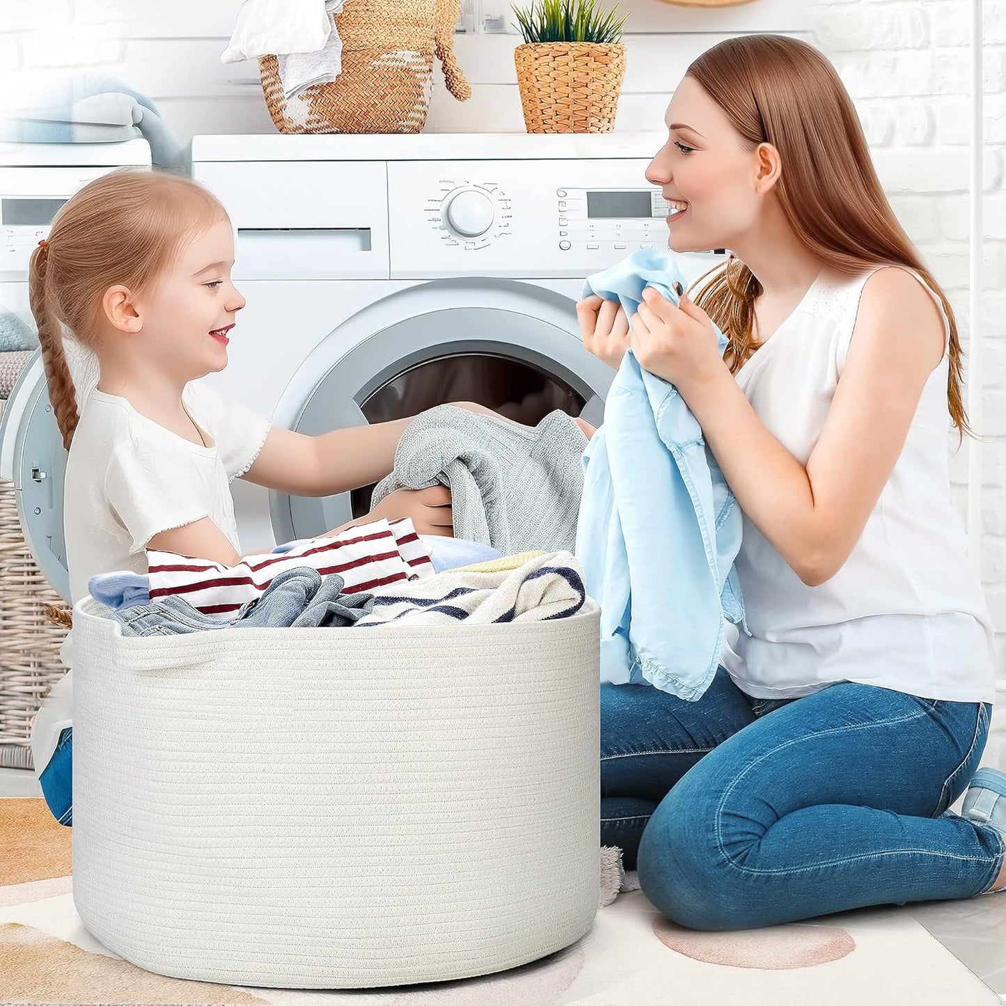 Ravinte Blanket Basket - 20"x 20"x 13" Cotton Rope Basket for Living Room, Baby Toy Storage Basket, Large Woven Laundry Basket (White)