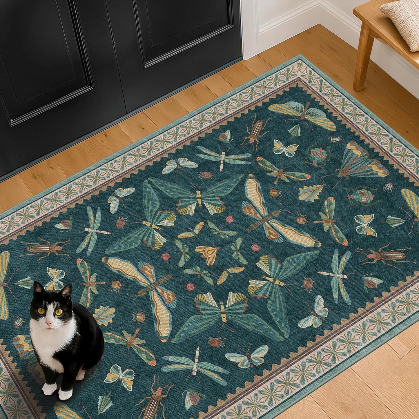 Teal 3x5 Entryway Rug - Door Rug Indoor for Large Kitchen, Living Room, Washable Low Pile Insect Décor