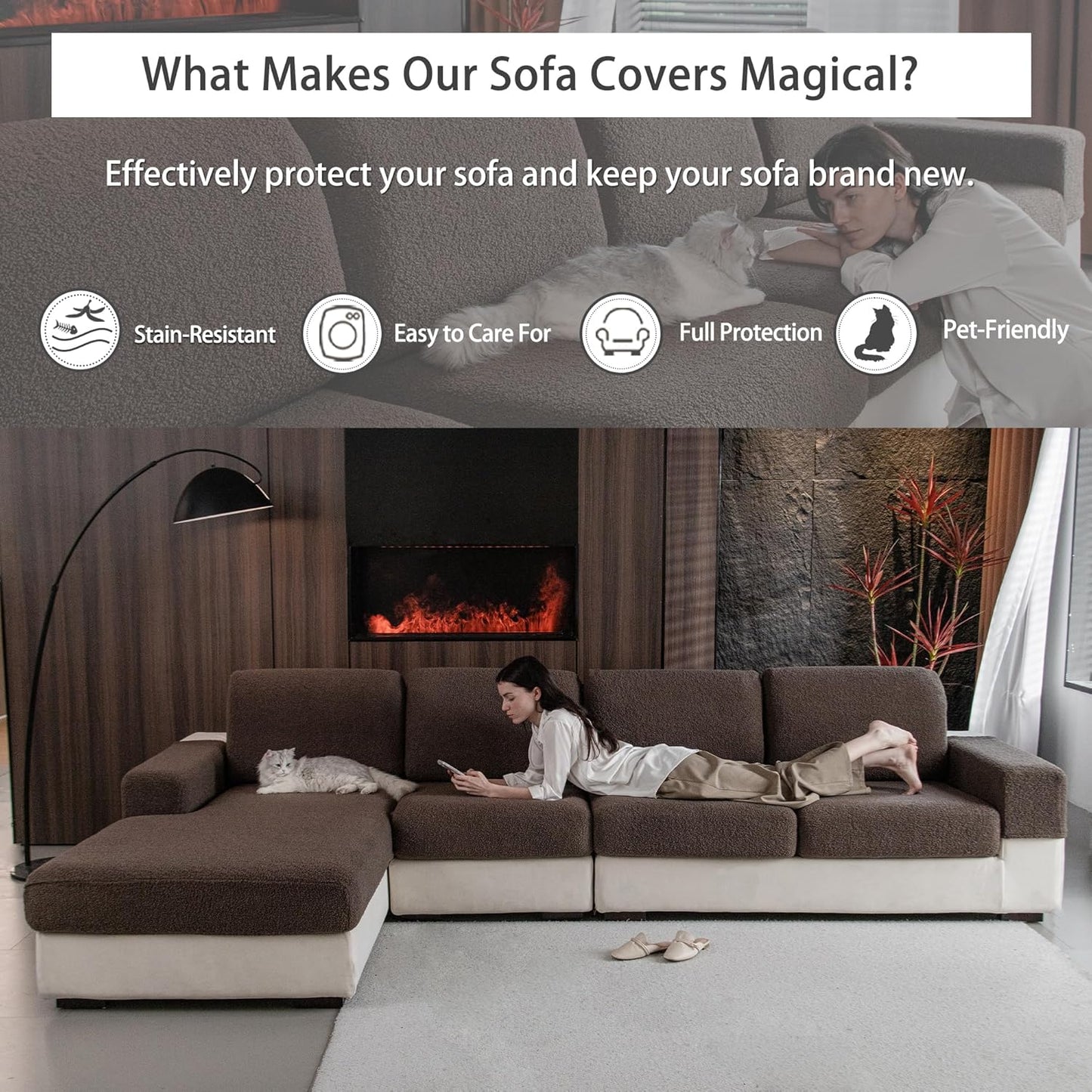 Couch Cushion Covers for Sectional Sofa, Stretch Soft Sofa Slipcovers Washable Wear-Resistant Universal Furniture Protector for Living Room(2 Seaters Covers+1 Chaise Cover, Brown)