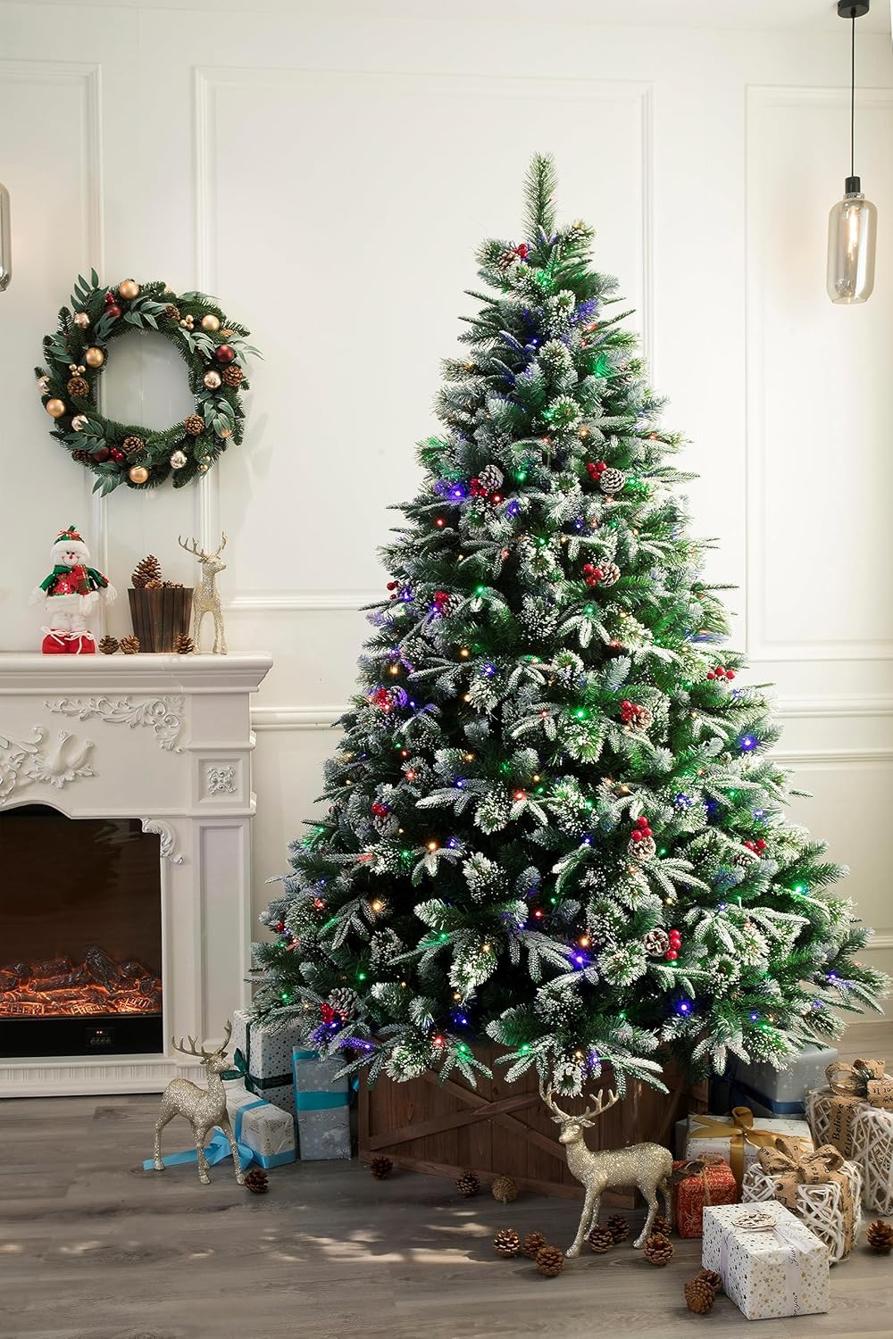 Super Dual Flocked Pine Christmas Tree Pre-lit with Color Changing LED Lights (6ft Pre-lit)