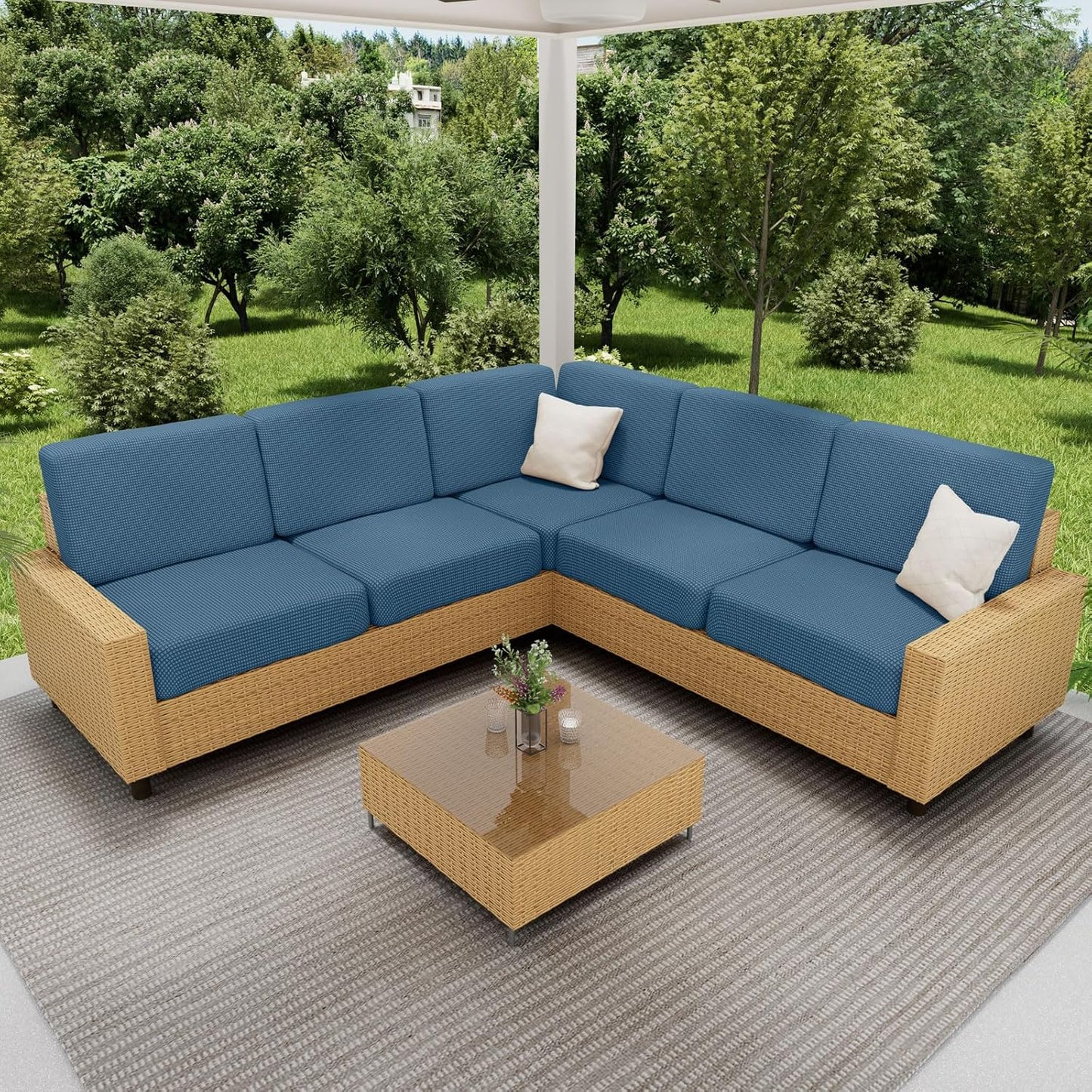 hyha Waterproof Sectional Couch Covers, Non Slip Sofa Couch Cushion Covers L Shape, Thick Stretch Jacquard Fabric, Washable Sofa Slipcovers with Elastic Bottom (1 Piece for Chaise, Blue)