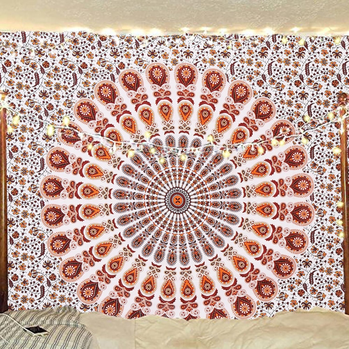 Bless International Handmade Indian hippie Bohemian Psychedelic Peacock Mandala Wall hanging College Dorm Beach Throws Table Cloth Bedding Tapestry (Orange Brown, Twin(54x72Inches)(140x185cms))