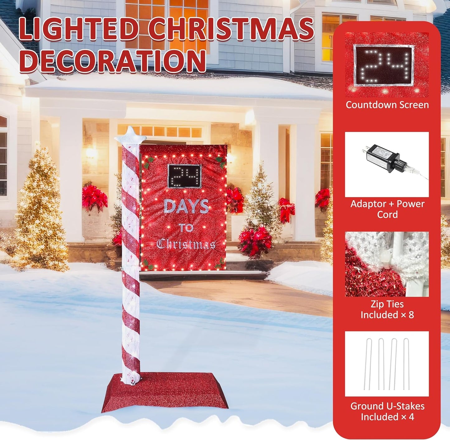 5FT Lighted Christmas Countdown Sign, Remote Control Available Within 0-60 Days, Holiday Countdown Sign Decor with 125 LED Lights, Freestanding Glittered Holiday Display for Outdoor, Indoor