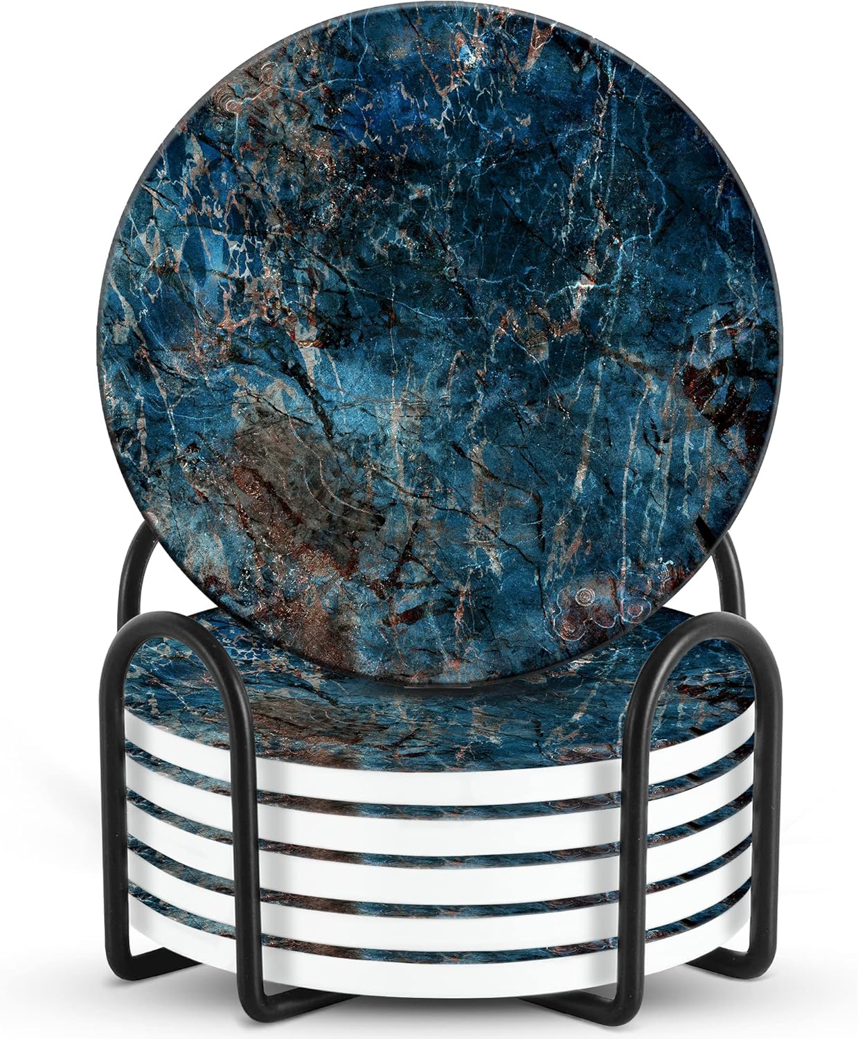 Emerson Coasters for Drinks Absorbent – Natural Stone Drink Coasters Set with Holder, Coasters for Coffee Table, Wooden Tabletop Protection Marble Style – 100% Heavy Duty Set of 6 (Deep Ocean)