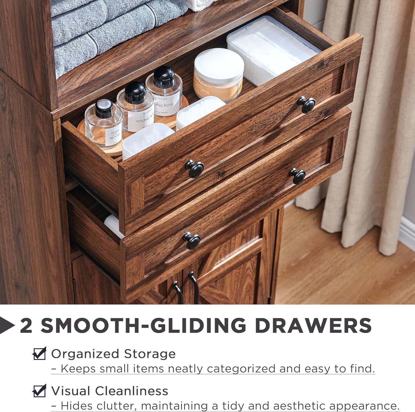 72" Tall Bathroom Storage Cabinet, Farmhouse Storage Cabinet with Adjustable Shelves, Barn Door & 2 Drawers, Cabinet for Bathroom, Living Room & Kitchen, Brown