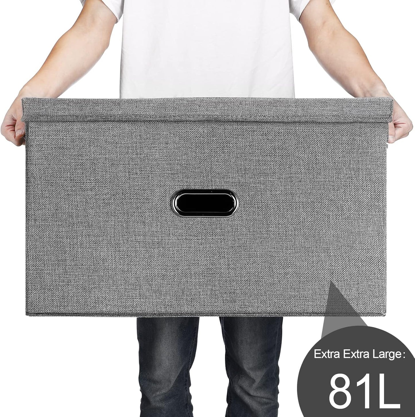 Large Linen Fabric Foldable Storage Bins with Removable Lid and Handles, Washable Storage Box Organizer Containers Baskets Cube with Cover for Bedroom,Closet,Nursery (Grey, XXL(2-Pack))