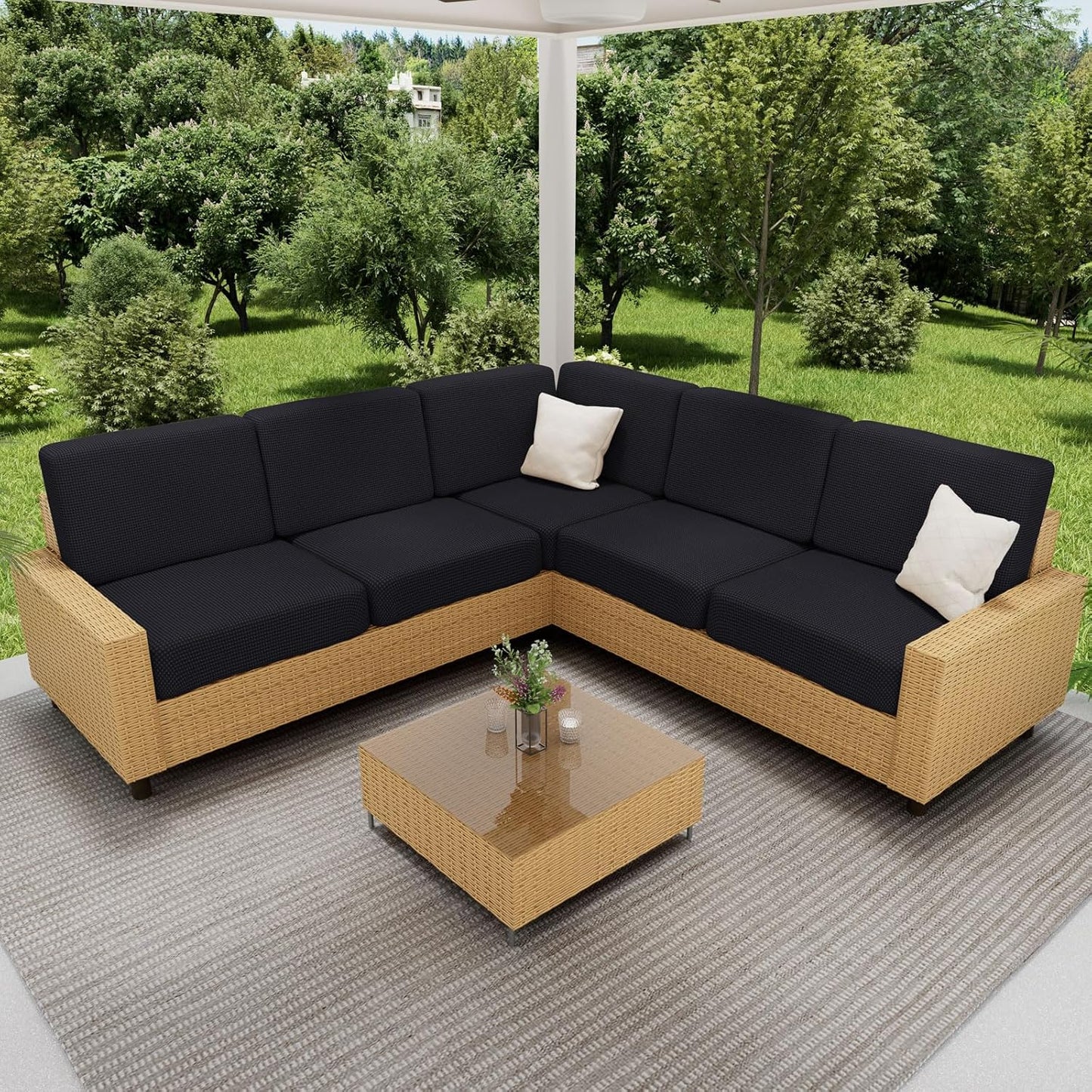 hyha Waterproof Sectional Couch Covers, Non Slip Sofa Couch Cushion Covers L Shape, Thick Stretch Jacquard Fabric, Washable Sofa Slipcovers with Elastic Bottom (1 Piece for Chaise, Black)