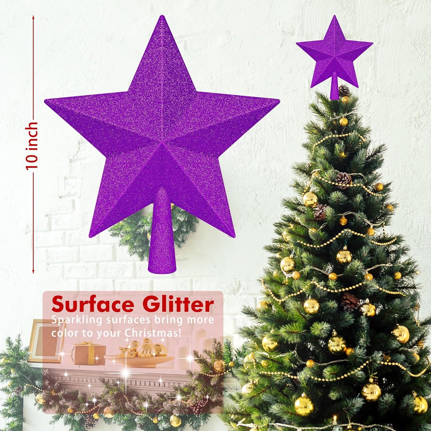 Christmas Tree Ornament, 10" Purple Star Christmas Tree Topper Decorations, Large Xmas Glitter 3D Bethlehem Tree Ornament, Waterproof Holiday Christmas Tree Topper Star Decor for Home Indoor Outdoor