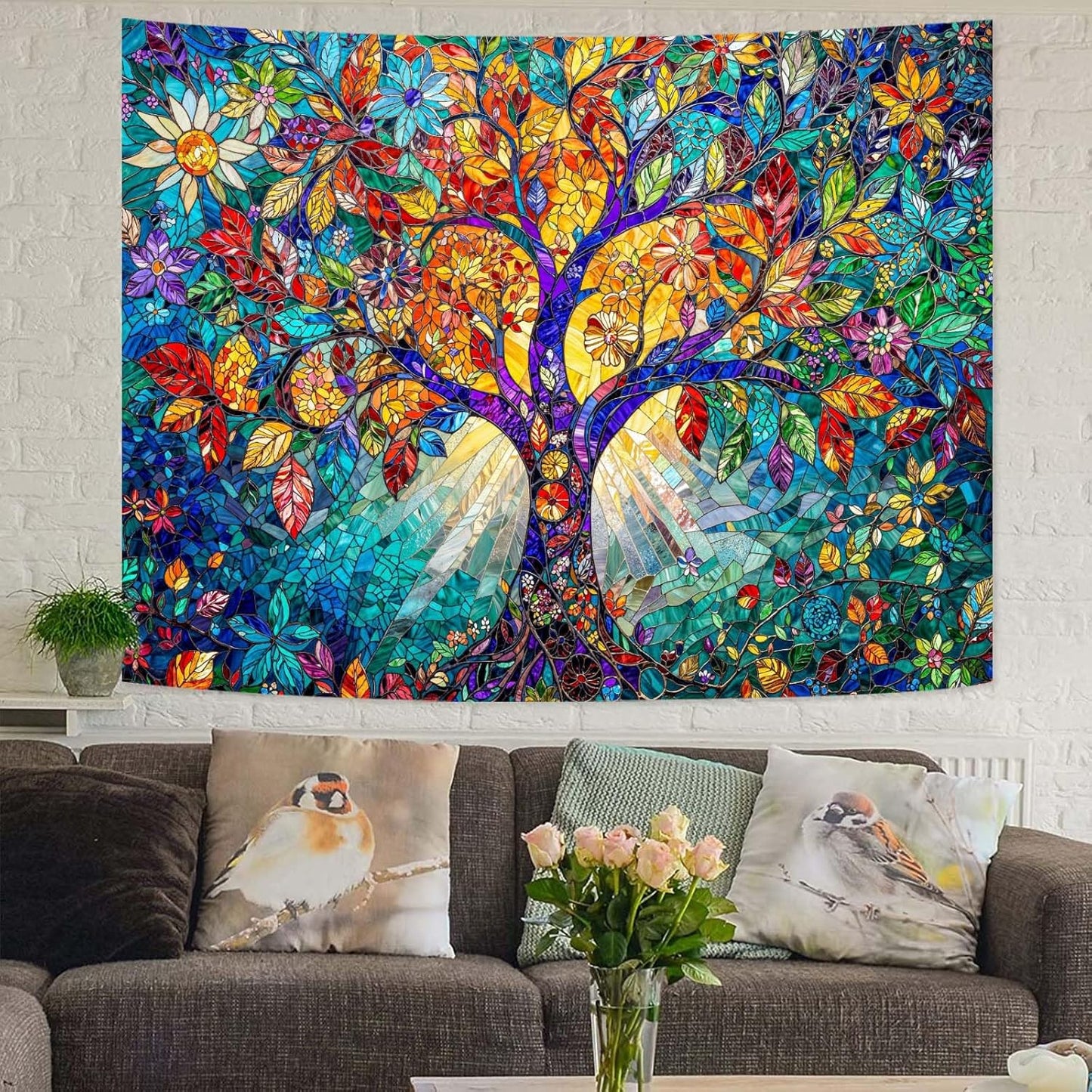 Lunerfex Tree of Life Tapestry Stained Glass Tapestry Wall Decor Tapestries for Bedroom Art Tapestries Wall Hanging for Bedroom Living Room Glass-Tree-02 70"x90"