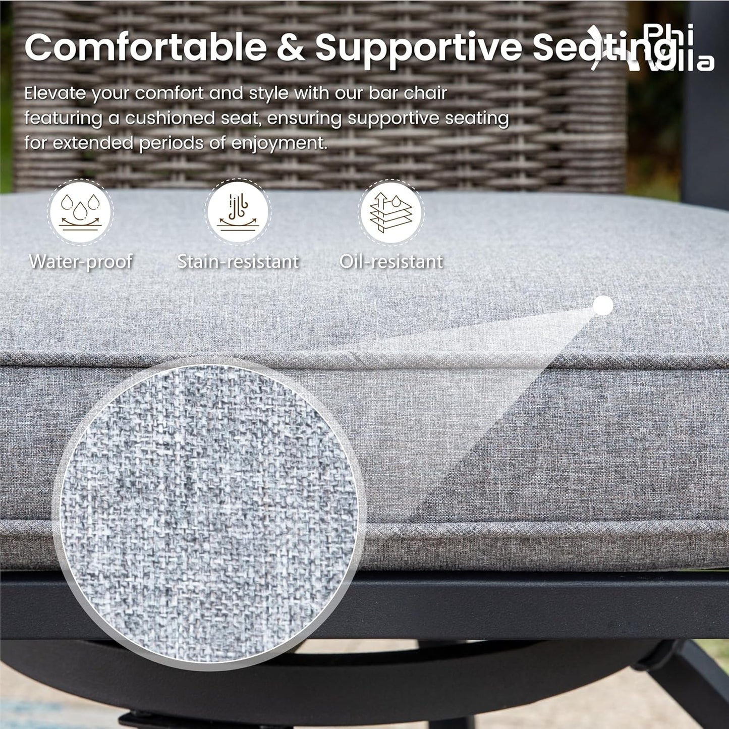 PHI VILLA 3 PCS Patio Bar Set, Bar Height Chair with 3.5" Thicker Cushion & Retro-Metal Square Table,Sturdy and Durable,Outdoor Height Bar Dining Set for Poolside,Yard