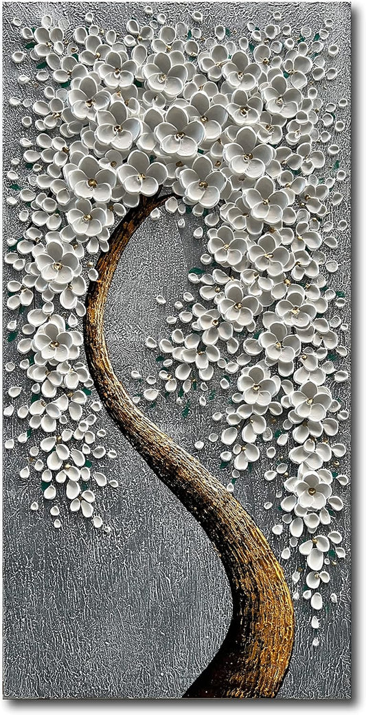100% Hand-Painted 3D White Vertical Abstract Flower Tree Painting, Canvas Texture Mural, Living Room, Bedroom, Dining Room Mural 24x48 inchs