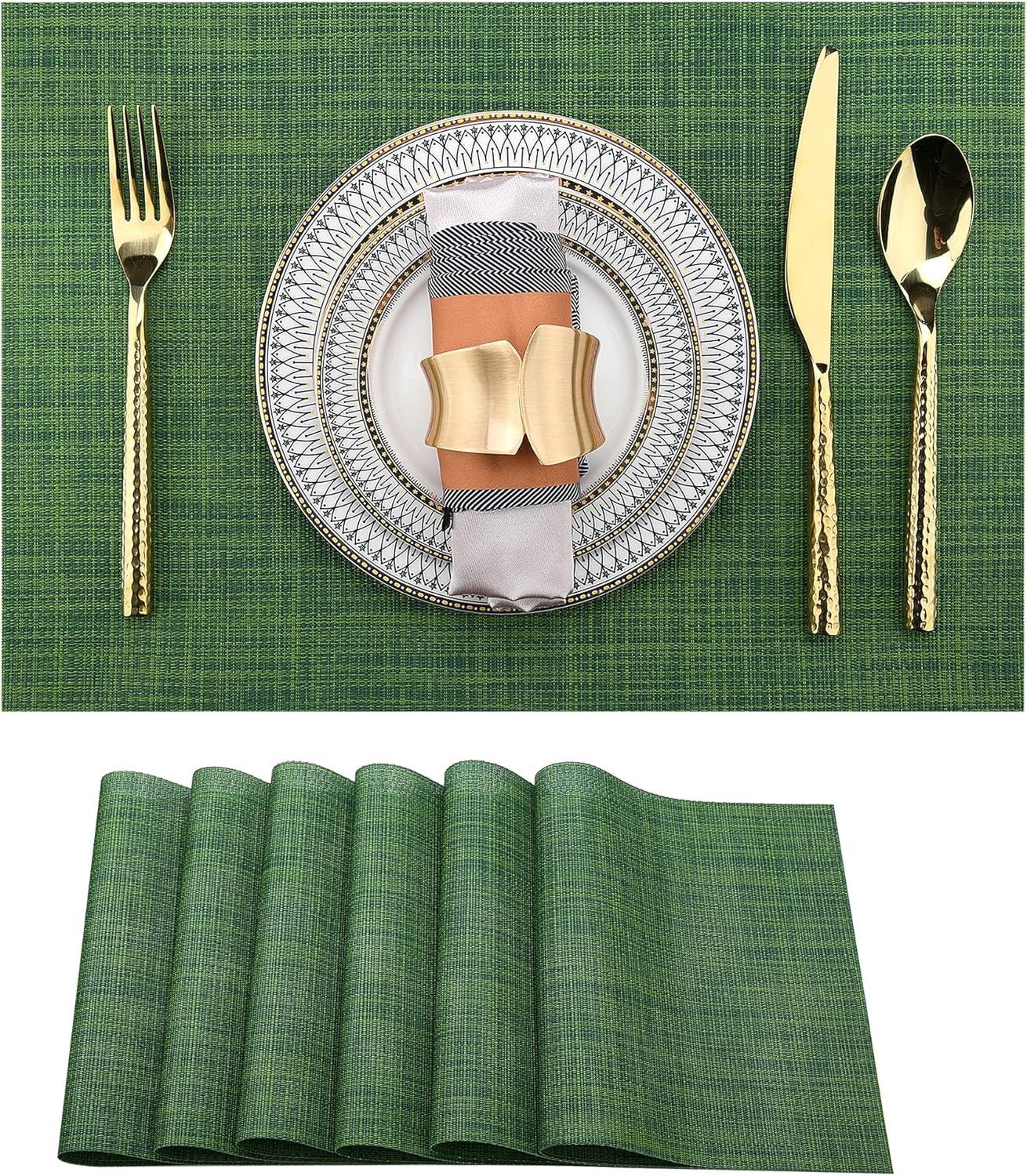 Green Placemats Set of 6 - Wipe Clean Vinyl Placemats - Washable Heat Resistant PVC Table Mats for Dining Table - 17x12 Inch (Green, 6)